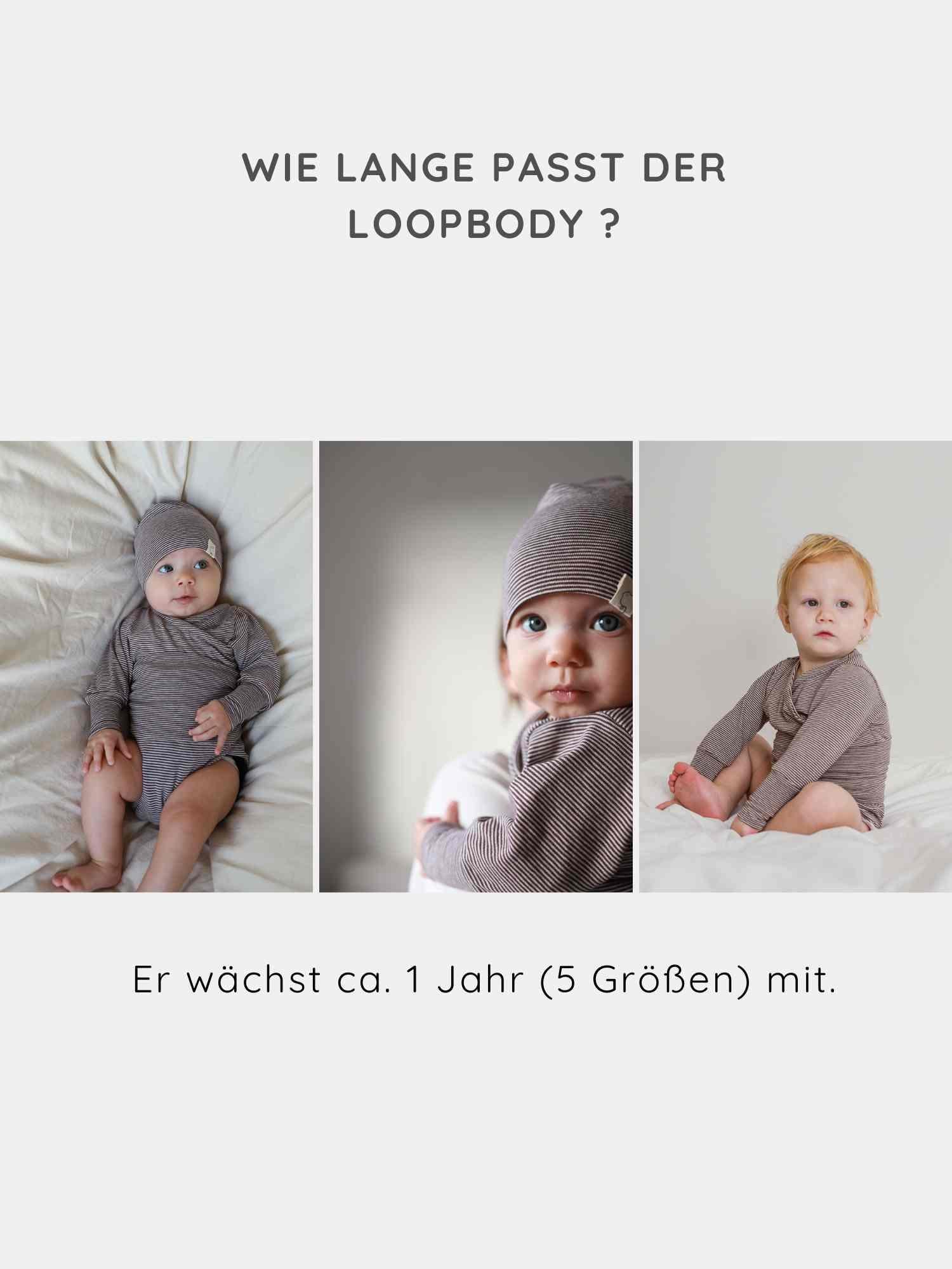 Drei Babys tragen denselben geringelten Langarm-Loopbody aus Bambusviskose – Cremepuder, der mitwächst, keinen Knopfverschluss hat und für einfaches Wickeln und optimalen Komfort sorgt.