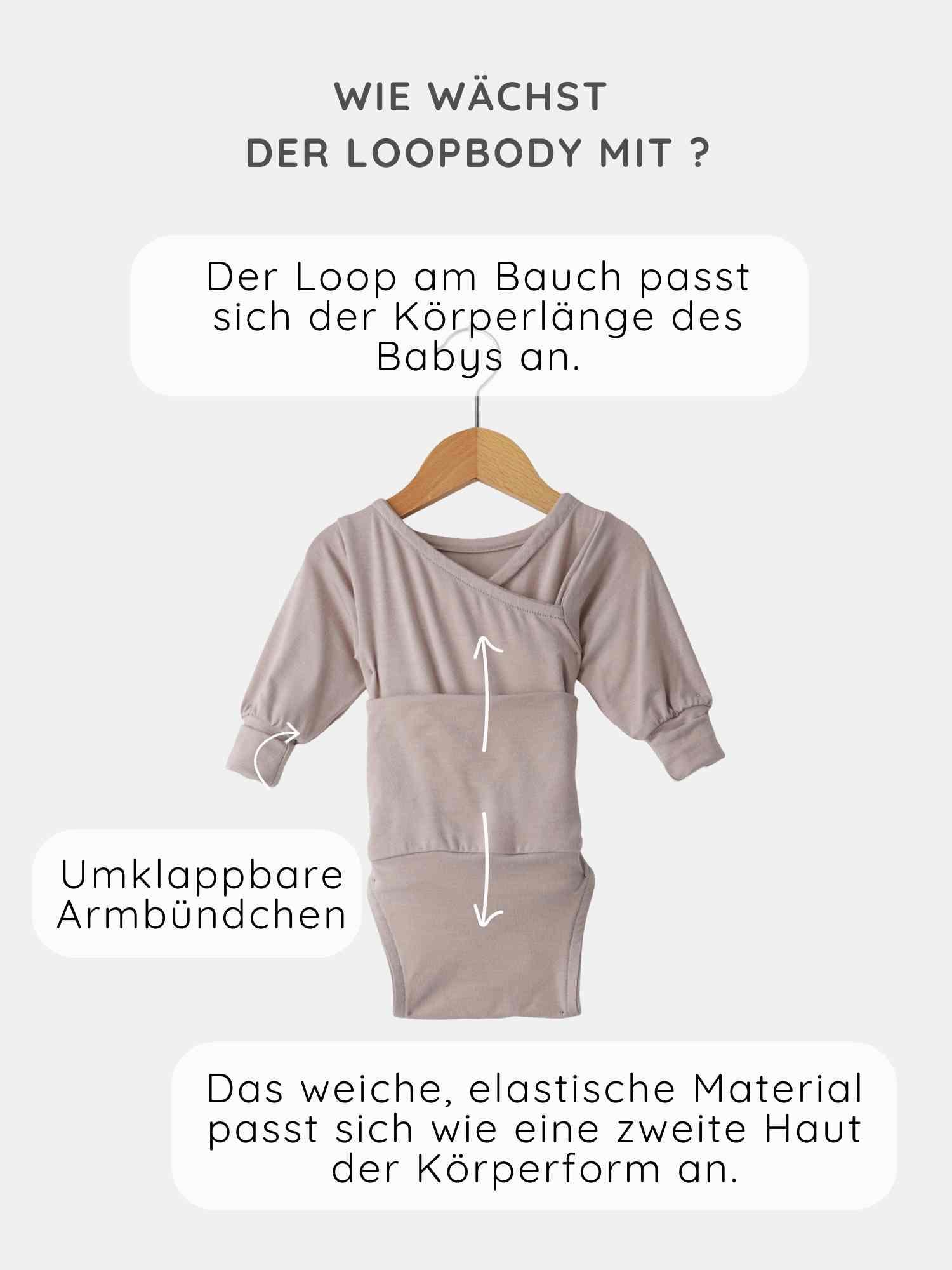 Loopbody Bambusviskose - Cremepuder: Ein verstellbarer Loop am Bauch, umklappbare Armbündchen, weiches, elastisches Material für komfortables Mitwachsen, präsentiert auf einem Holzkleiderbügel mit informativen deutschen Text-Callouts.