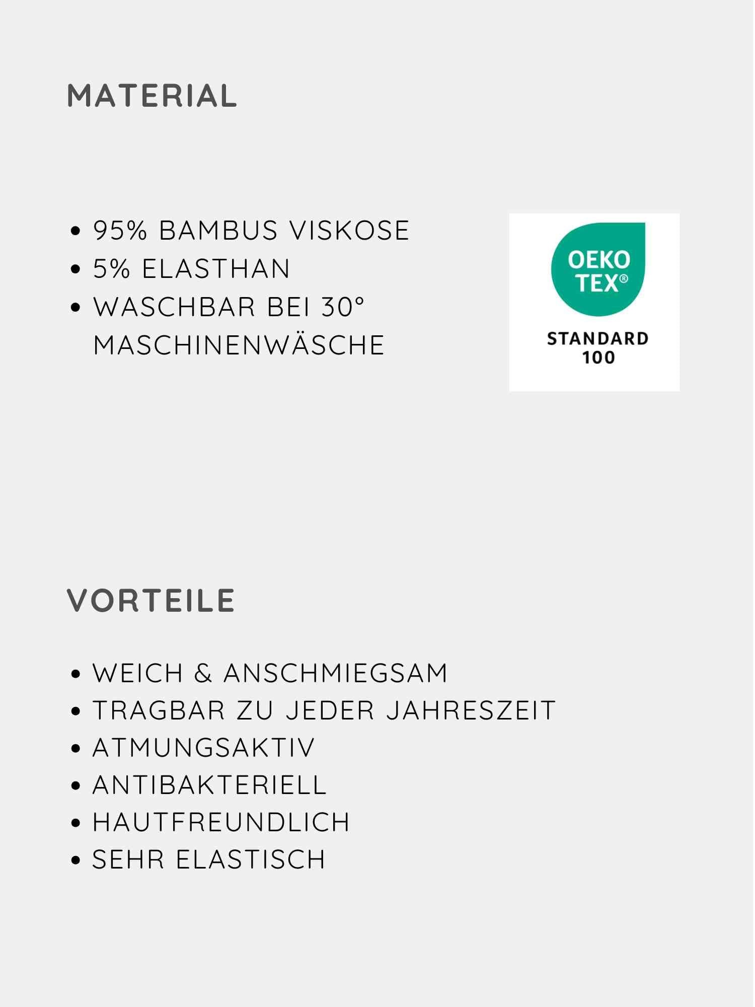 Loopbody Bambusviskose - Cremepuder: Grafik zeigt Materialzusammensetzung (95 % Bambus-Viskose, 5 % Elasthan), Oeko-Tex-Zertifizierung und Vorteile wie Weichheit, Atmungsaktivität, Antibakteriell und Elastizität. Ideal für Babys.