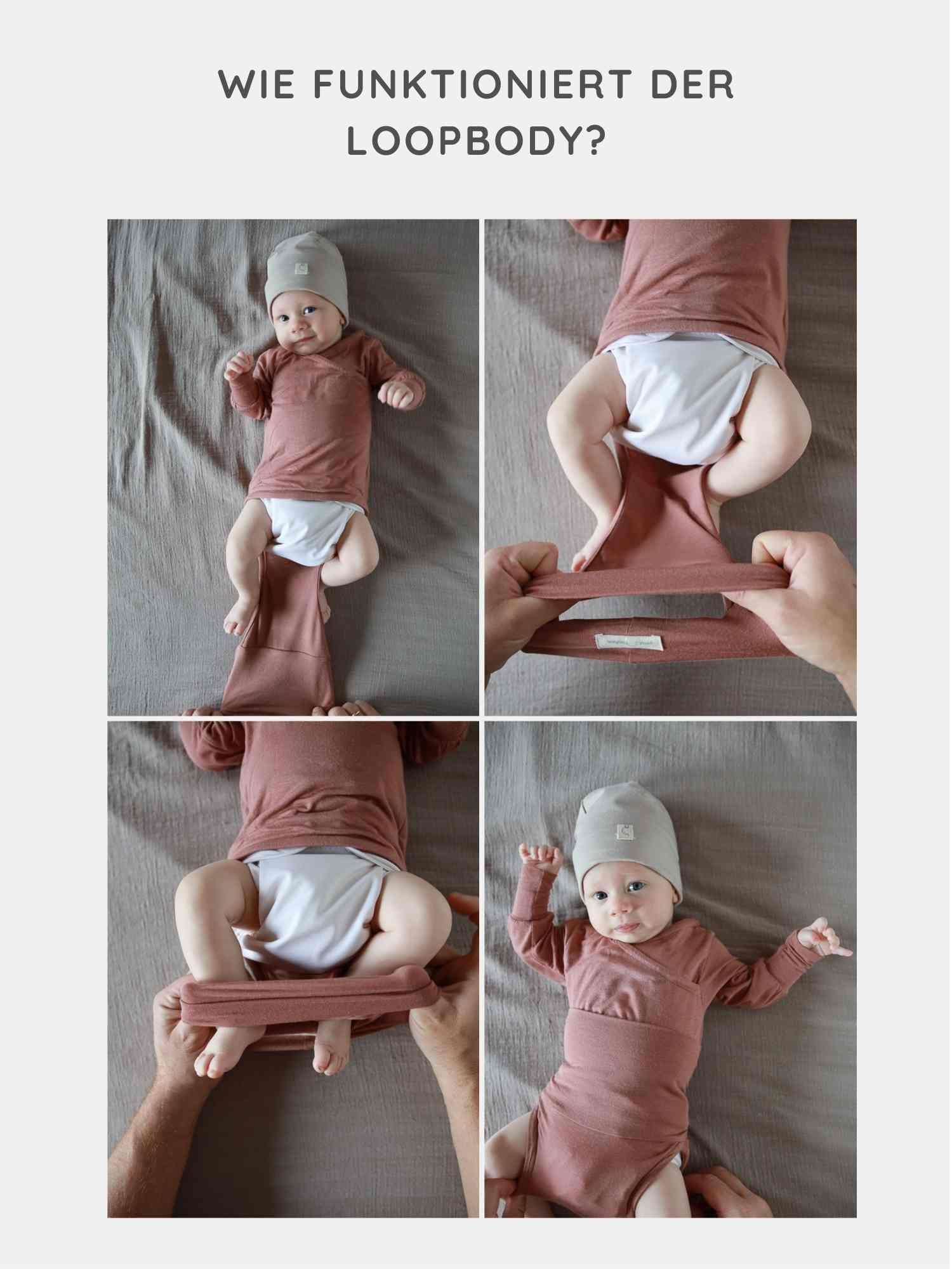 Vier-Panel-Darstellung des Loopbody Bambusviskose - Cremepuder: Ein Baby liegt auf dem Rücken, während Hände den Loopbody unter dem Windelbereich hochziehen, um einen geschlossenen Bodysuit zu formen.