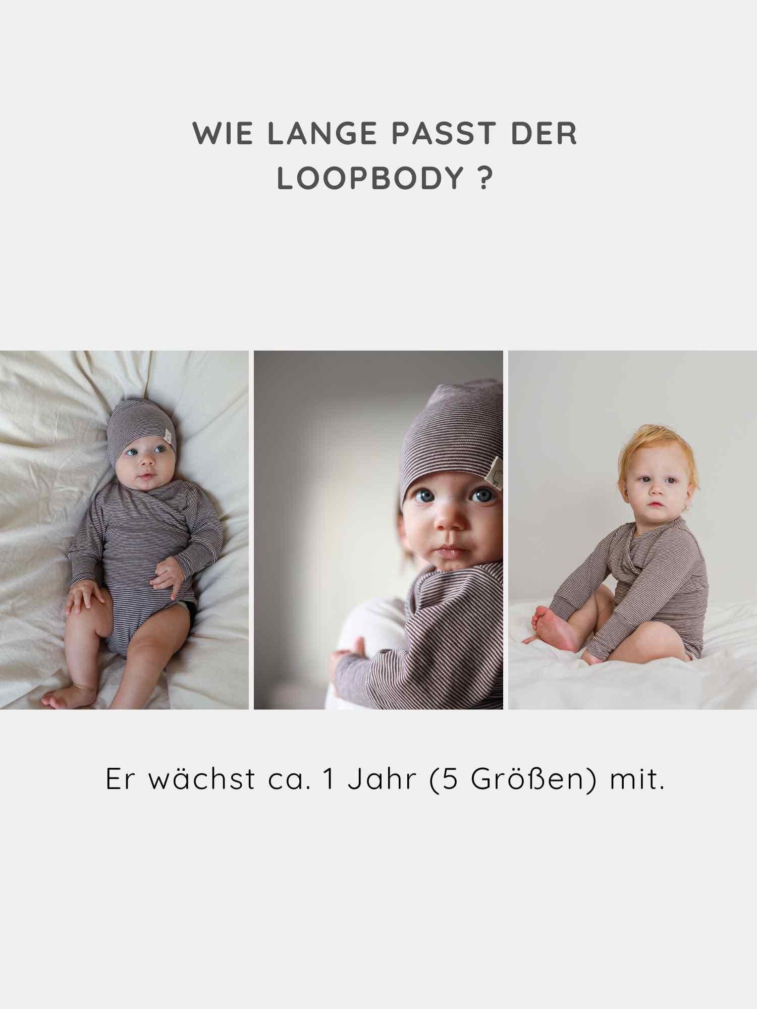 Loopbody Bio-Baumwolle - Ringel Maus: Drei Fotos zeigen ein Baby in einem gestreiften, langärmeligen Bodysuit, der bis zu einem Jahr mitwächst. Produktinfo: Nachhaltig, unisex, aus weicher Bio-Baumwolle.