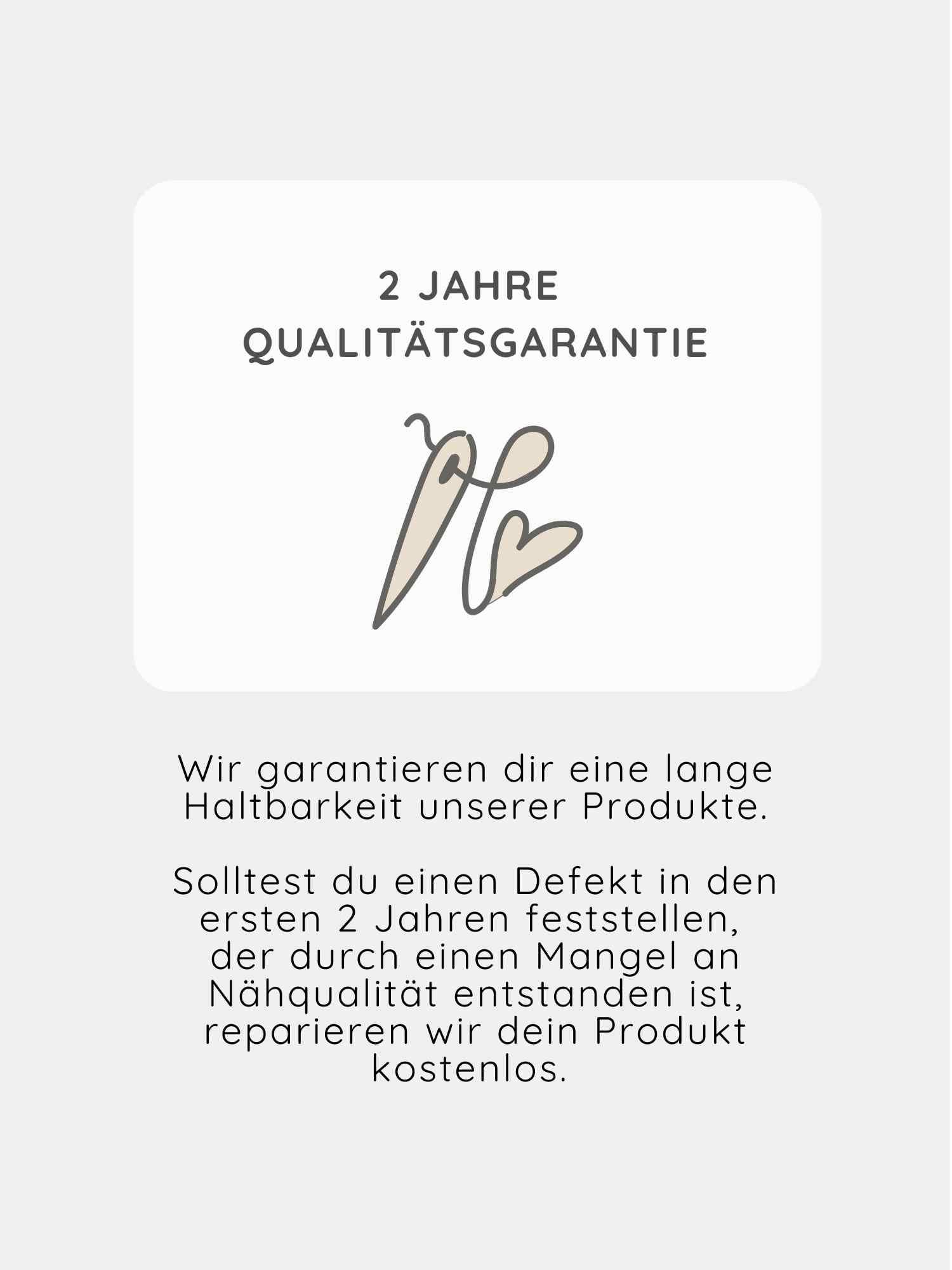 Loopbody Bio-Baumwolle - Ringel Maus: Das Bild zeigt eine Garantiekarte mit einem Nadel-und-Faden-Design, das ein Herz bildet, und einem Hinweis auf die 2-jährige Qualitätsgarantie für den langlebigen Loopbody.