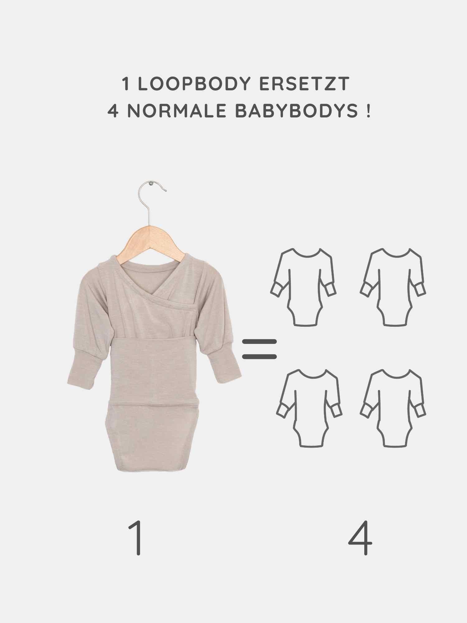 Loopbody Kaschmir-Mix - Sand: Beige Wickelbody aus Kaschmir-Mix auf Holzbügel, zeigt Gleichung 1 Loopbody = 4 normale Babybodys, unterstreicht Vielseitigkeit und Langlebigkeit dieses einzigartigen, preisgekrönten Designs.