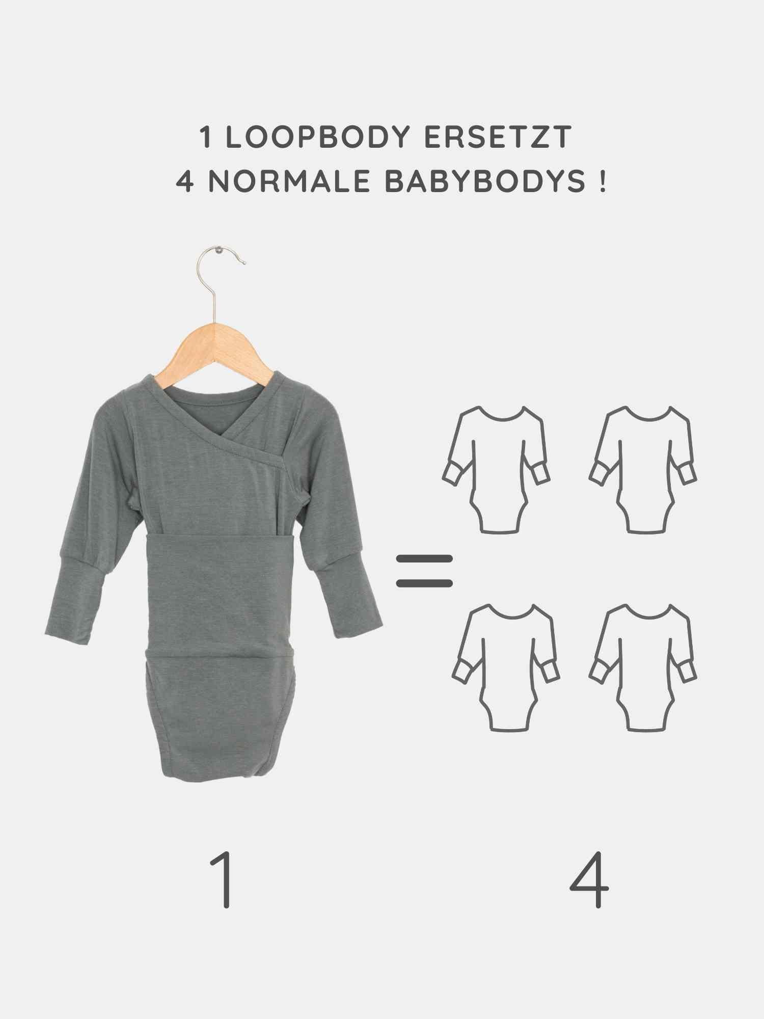 Loopbody Kaschmir-Mix - Taube: Langarm-Wickelbody auf Holzkleiderbügel, oben der Slogan 1 Loopbody ersetzt 4 normale Babybodys! mit vier ikonischen Babybodys rechts als Vergleichsillustration.