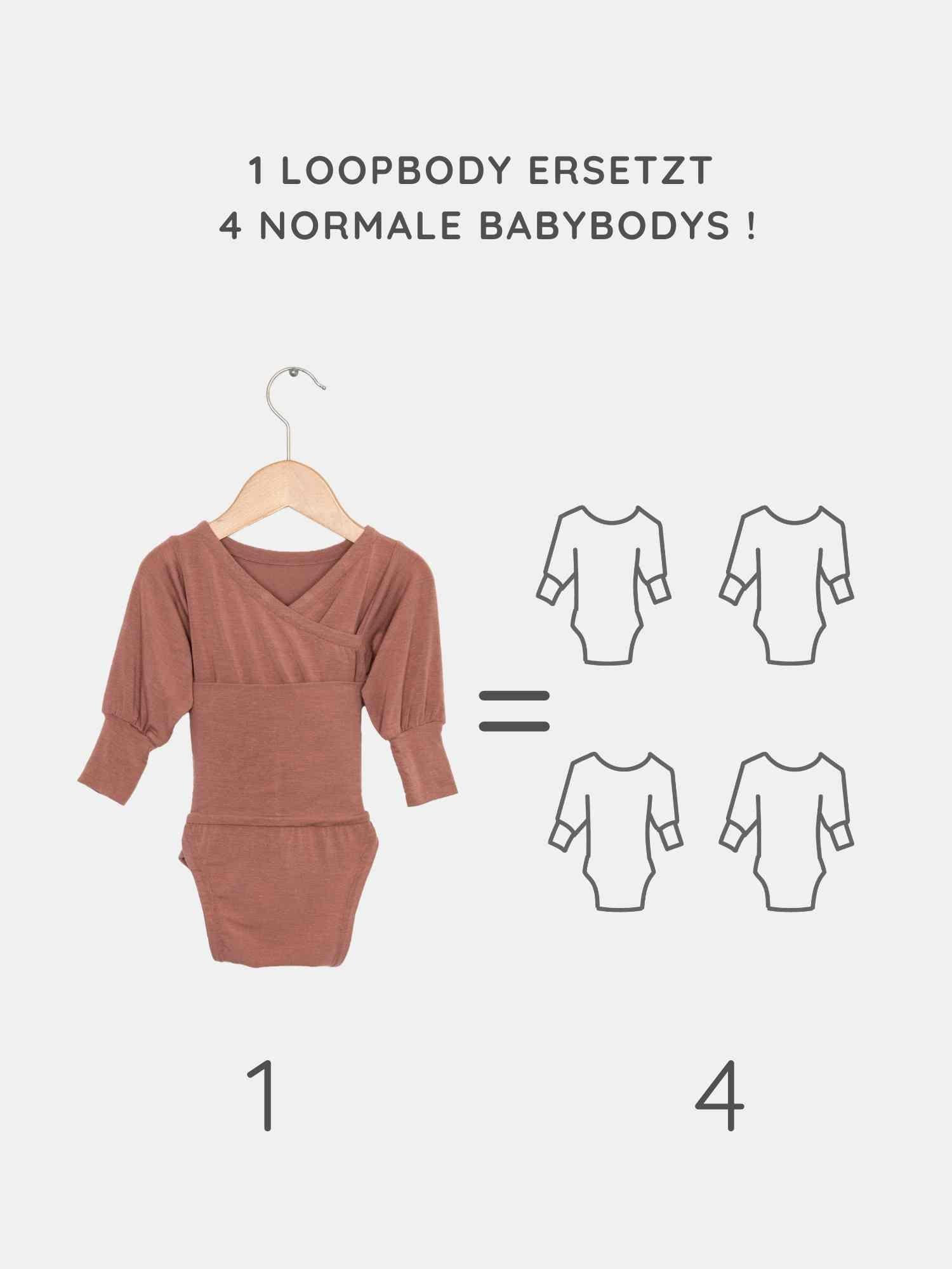 Loopbody Kaschmir-Mix - mitwachsender Babybody - Zimt: Ein rostbrauner, langärmeliger Wickelbody auf einem Holzkleiderbügel, der durch ein innovatives Design vier normale Babybodys ersetzt.