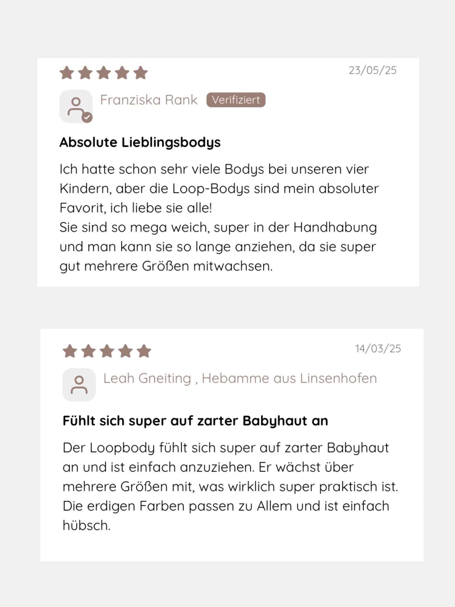 Loopbody Kaschmir-Mix - mitwachsender Babybody - Zimt, präsentiert mit zwei 5-Sterne-Bewertungen, betont weiches, knopf-loses Design und praktischen Loop für Wärme und einfaches Anziehen. Ideal für empfindliche Babyhaut.