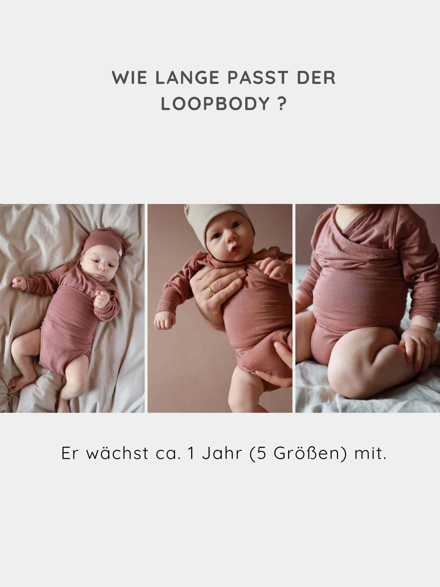 Loopbody Kaschmir-Mix - mitwachsender Babybody - Zimt: Drei Babyfotos zeigen den Langarmbody in verschiedenen Altersstufen, der sich dank des Loops anpasst und etwa ein Jahr mitwächst.