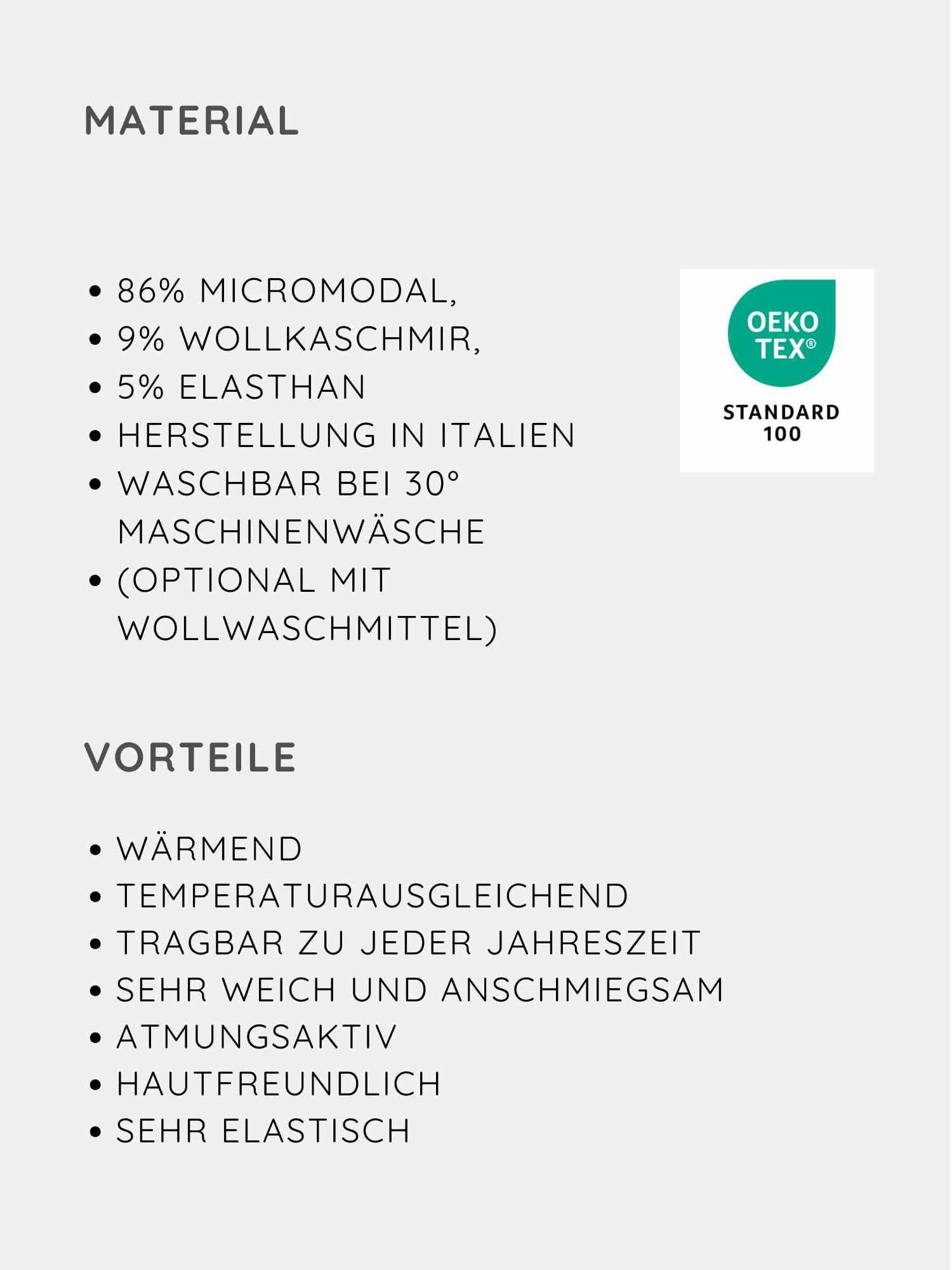 Loopbody Kaschmir-Mix - mitwachsender Babybody - Zimt: Grafik zeigt Materialzusammensetzung (Micromodal, Woll-Kaschmir, Elastan), Pflegehinweise, OEKO-TEX® Standard 100 Zertifikat und Vorteile wie Weichheit, Atmungsaktivität, Temperaturregulierung.