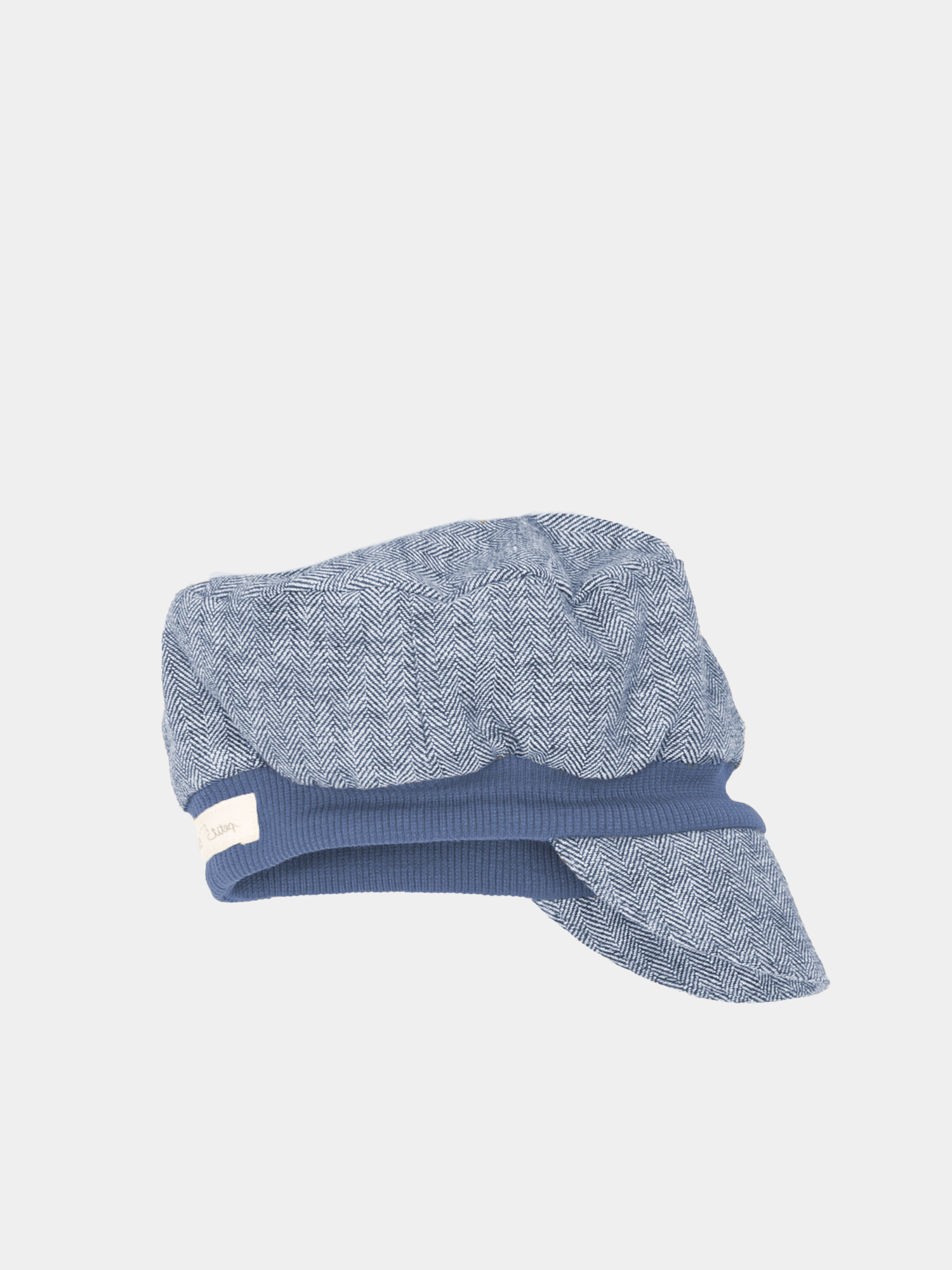 Michelmütze Fischgrat Blaubeere aus einem blauen und weißen Leinen-Baumwoll-Mix, mit elastischem Bündchen für bequemen Sitz, detailreich gestricktes Muster, geeignet für Alltag und besondere Anlässe.