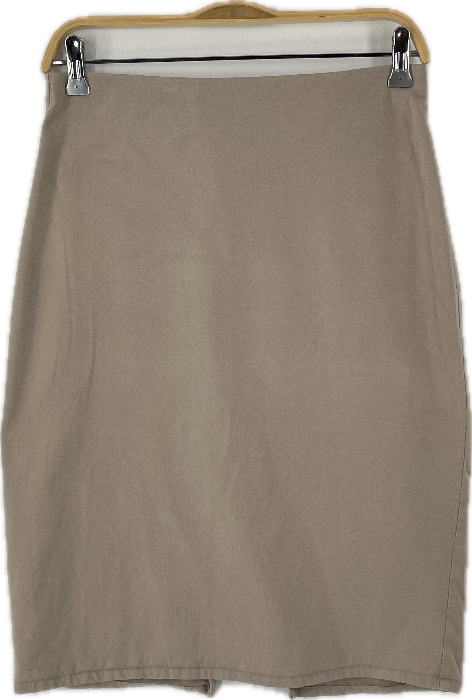 Damen Bleistiftrock Jersey Stein Gr. S, gerade geschnitten, leicht verfärbt, hängt an einem Holzbügel mit Metallclips. Zustand: gut.