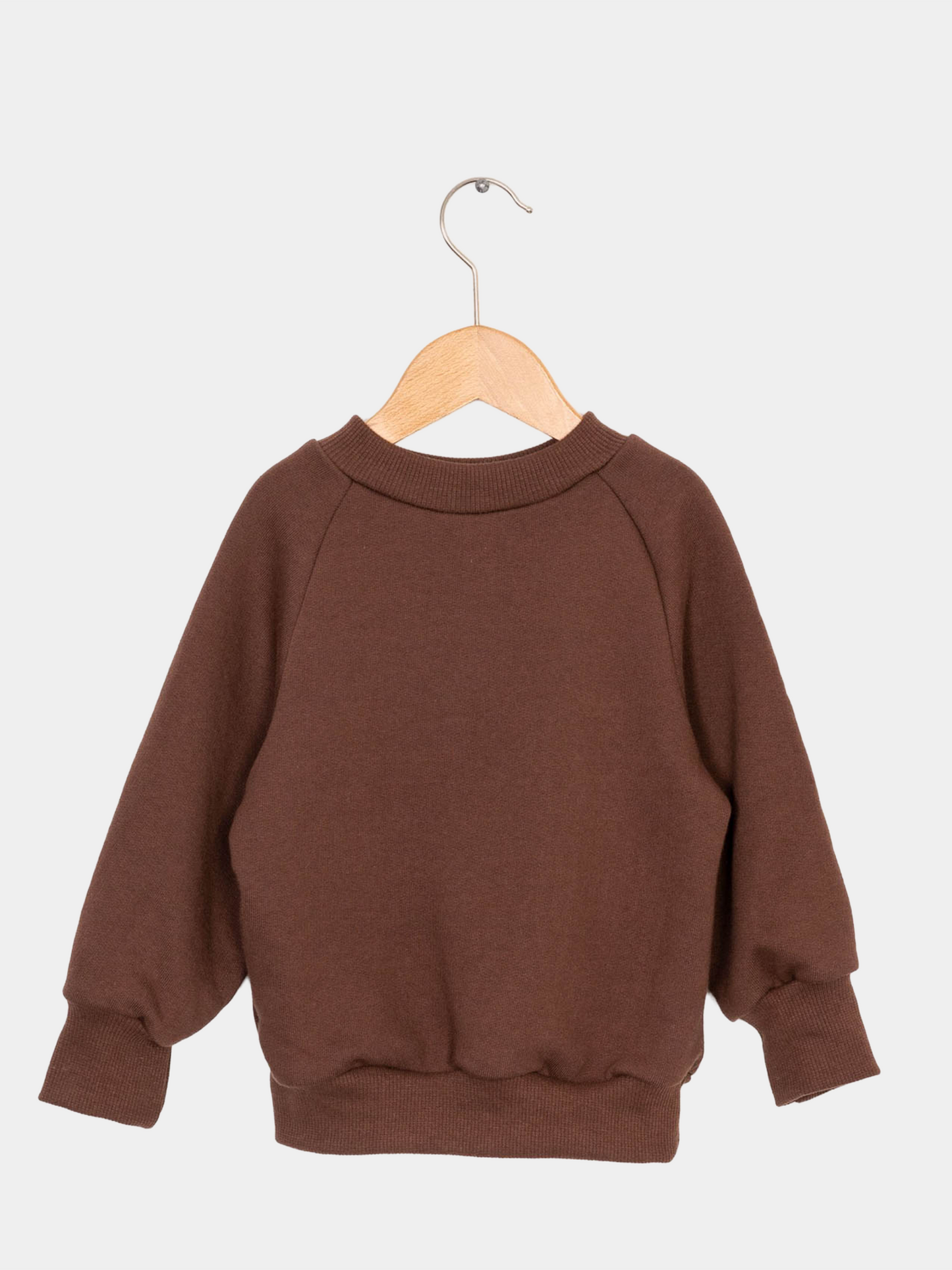 Pulli Bio-Sweat - Schoko: Ein brauner Pullover aus weicher, GOTS-zertifizierter Bio-Baumwolle auf einer Schaukel präsentiert, ideal für den Alltag. Perfekt als Oberteil zur Knickerbocker, mitwachsend für 2-3 Jahre.