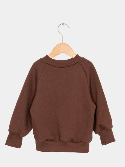 Pulli Bio-Sweat - Schoko: Ein brauner Pullover aus weicher, GOTS-zertifizierter Bio-Baumwolle auf einer Schaukel präsentiert, ideal für den Alltag. Perfekt als Oberteil zur Knickerbocker, mitwachsend für 2-3 Jahre.