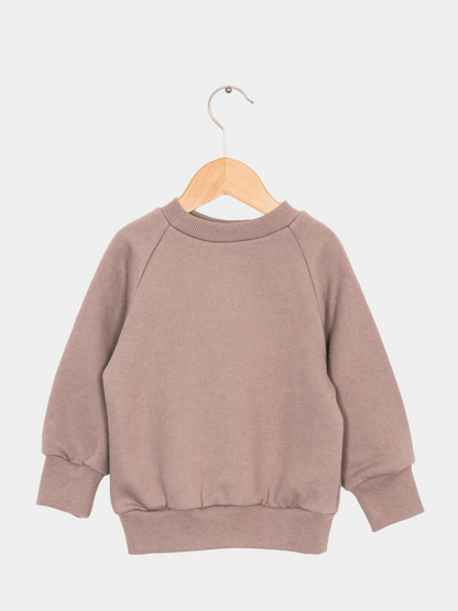 Pulli Bio-Sweat - Puder auf einer Schaukel präsentiert; kuscheliger, nachhaltiger Baumwollpullover, ideal für den Alltag deines Kindes, gefertigt in Berlin. Perfekt kombinierbar mit Knickerbocker.