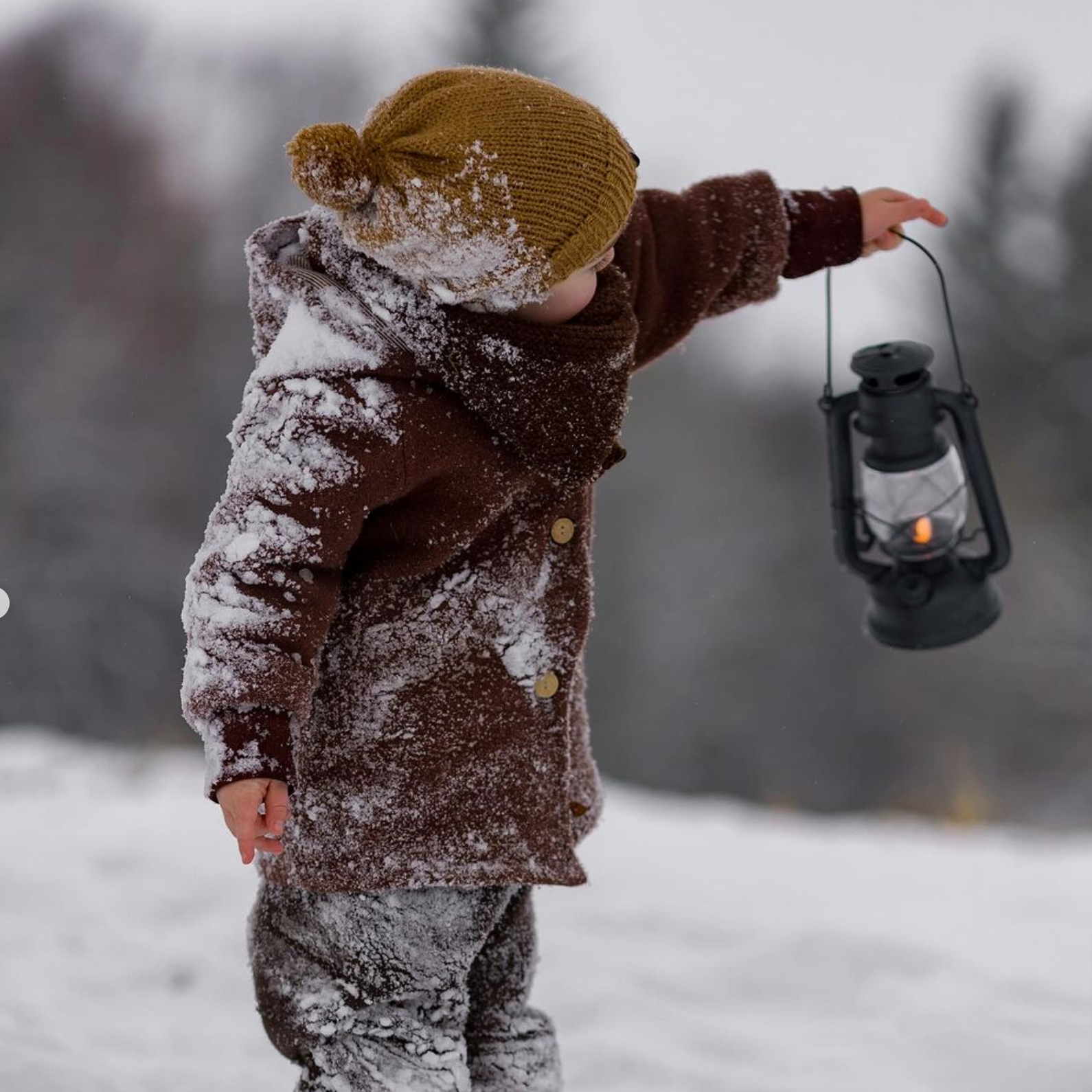 Kind steht im Schnee mit Laterne. Trägt Wichteljacke Wollwalk Kastanie, eine Kinderjacke aus Schurwolle von Petit Cochon.