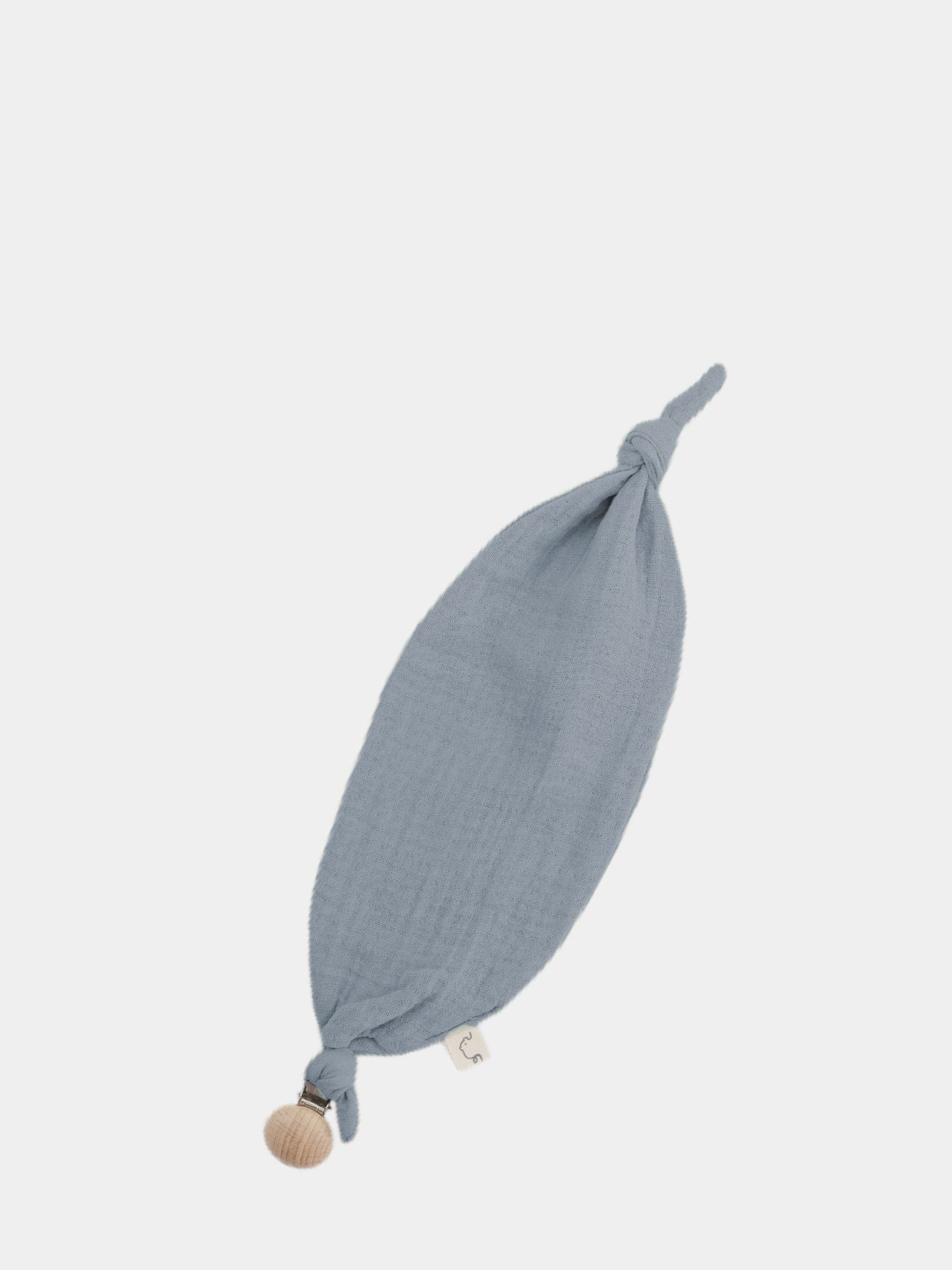 Baby Schnullerband Baumwoll-Musselin - Eisblau: Kleines, geknotetes Musselin-Tuch mit Holzperle und Metallclip. Praktisches Accessoire, um den Schnuller an Babys Kleidung oder Autositz zu befestigen und griffbereit zu halten.