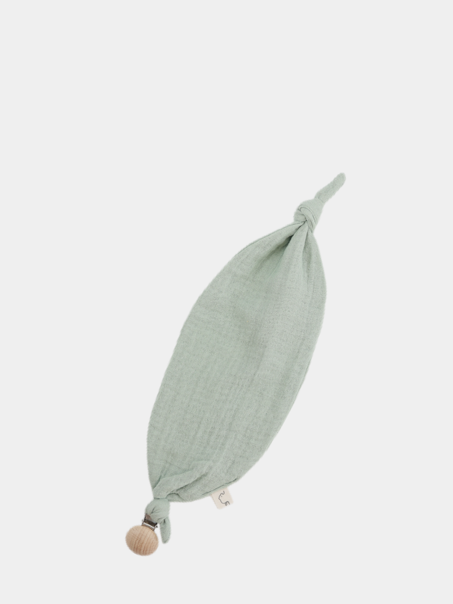 Baby Schnuffeltuch/Schnullerband Baumwoll-Musselin - Mint: Quadratisches, weiches Musselin-Tuch mit geknoteten Ecken, angebracht an einem Holzperlen-Schnullerclip, ideal für Babys unterwegs. Handgefertigt in Berlin.