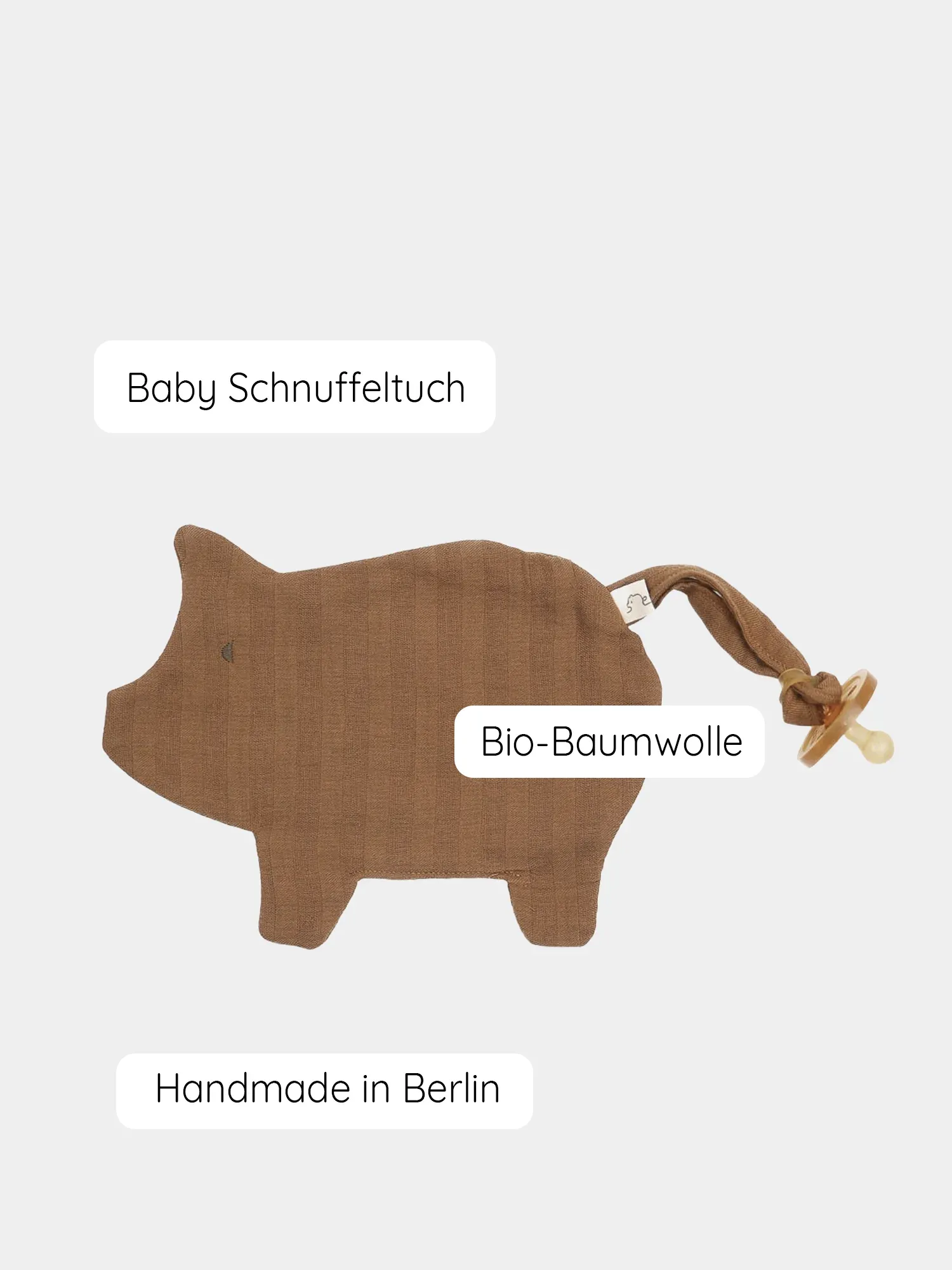 Schnullertuch Bio-Musselin - Sahara, handgenäht aus Bio-Baumwolle in Berlin. Das Tuch wird am Schnuller befestigt, bietet Babys weichen Halt und erleichtert das Wiederfinden des Nuckels.