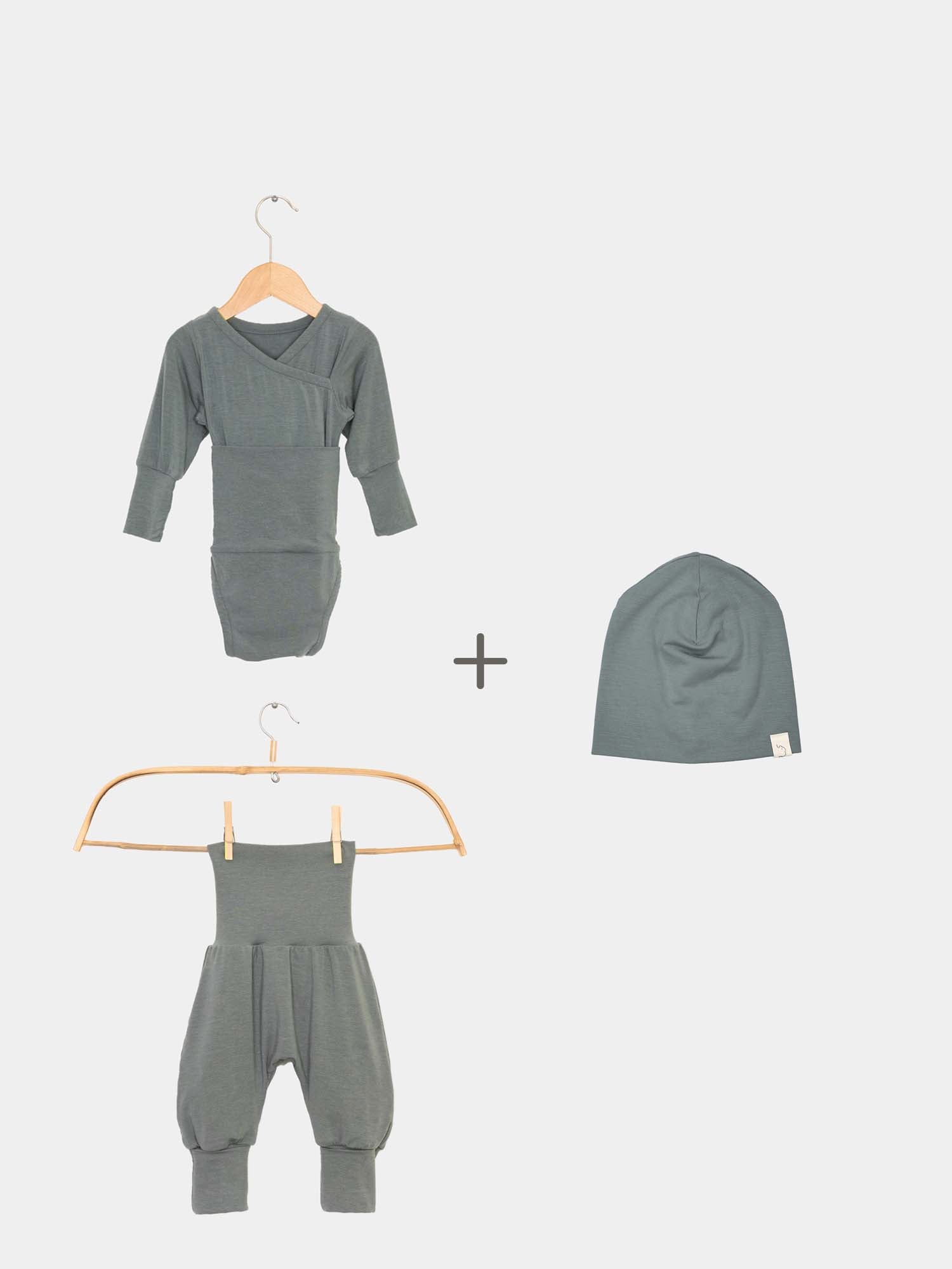 Loopbody Probierset Kaschmir-Mix - Taube: Ein grauer mitwachsender Baby body und Beanie, ideal für Babys, kuschelweich und nachhaltig. Perfekte Erstausstattung Baby 