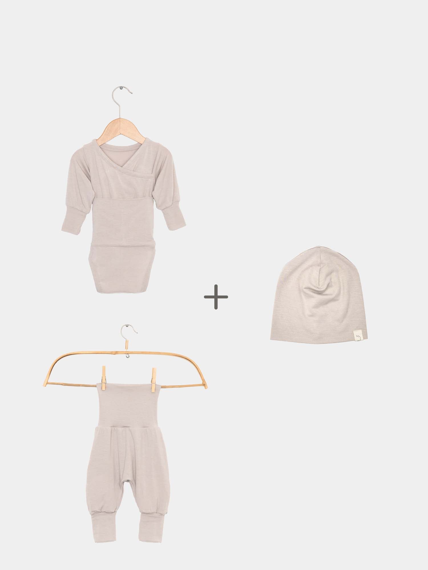Loopbody Probierset Kaschmir-Mix - Sand: Kleidungsset mit mitwachsendem Baby Body, Babyknicker und Beanie. Perfekte Erstausstattung Baby 