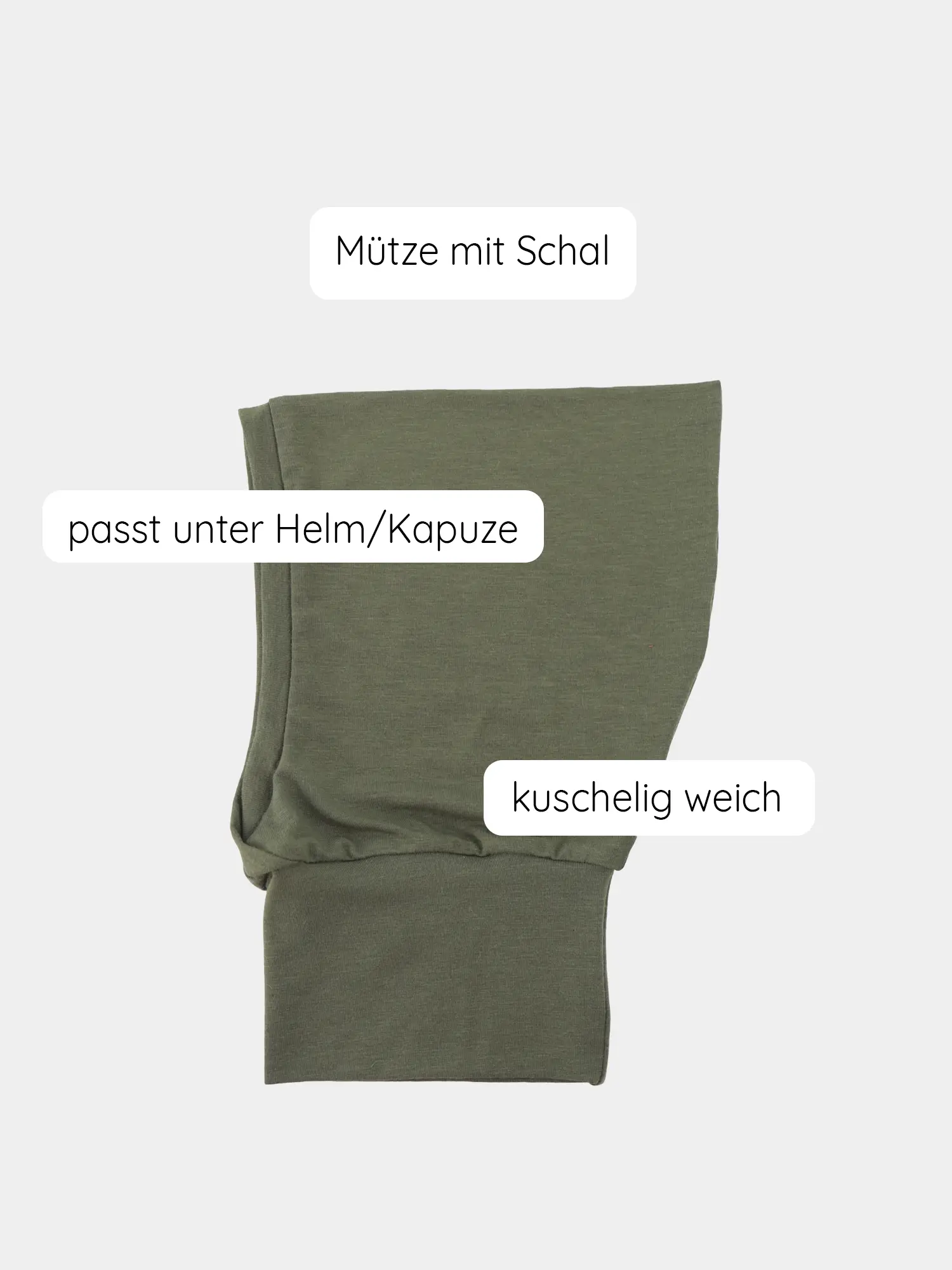 Schlupfmütze Kaschmir-Mix - Avocado: Beanie mit integriertem Schlauchschal aus weichem Kaschmir-Mix, ideal unter Helm oder Kapuze. Elastisch und kuschelig, bietet Schutz und Komfort für kalte Tage.