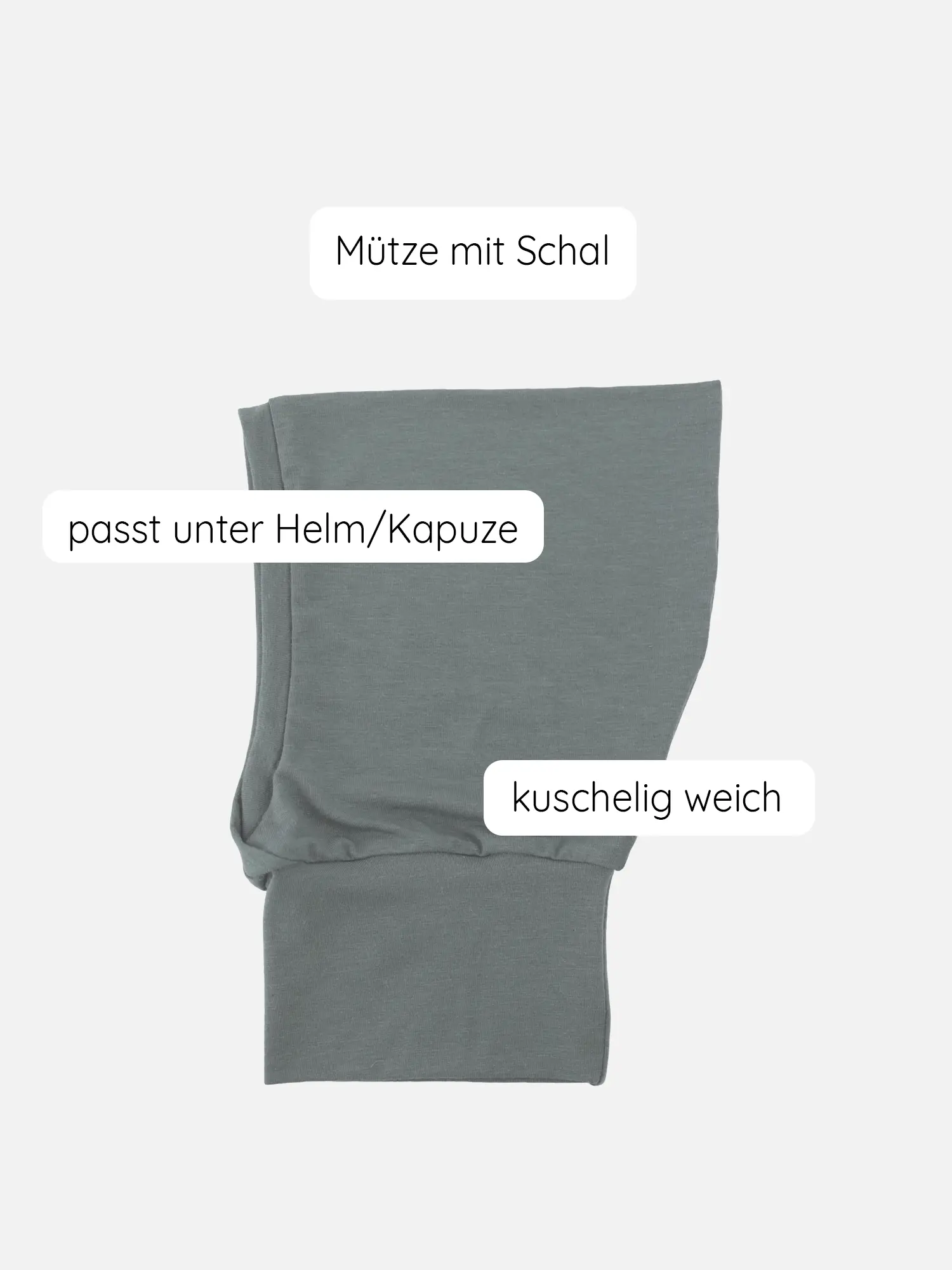 Schlupfmütze Kaschmir-Mix - Taube: Ein graugrünes, weich gestricktes Accessoire, kombiniert Mütze und Schal. Passt unter Helme/Hauben, ideal für Kinder, kuschelig und wärmend, perfekt für kalte Tage.