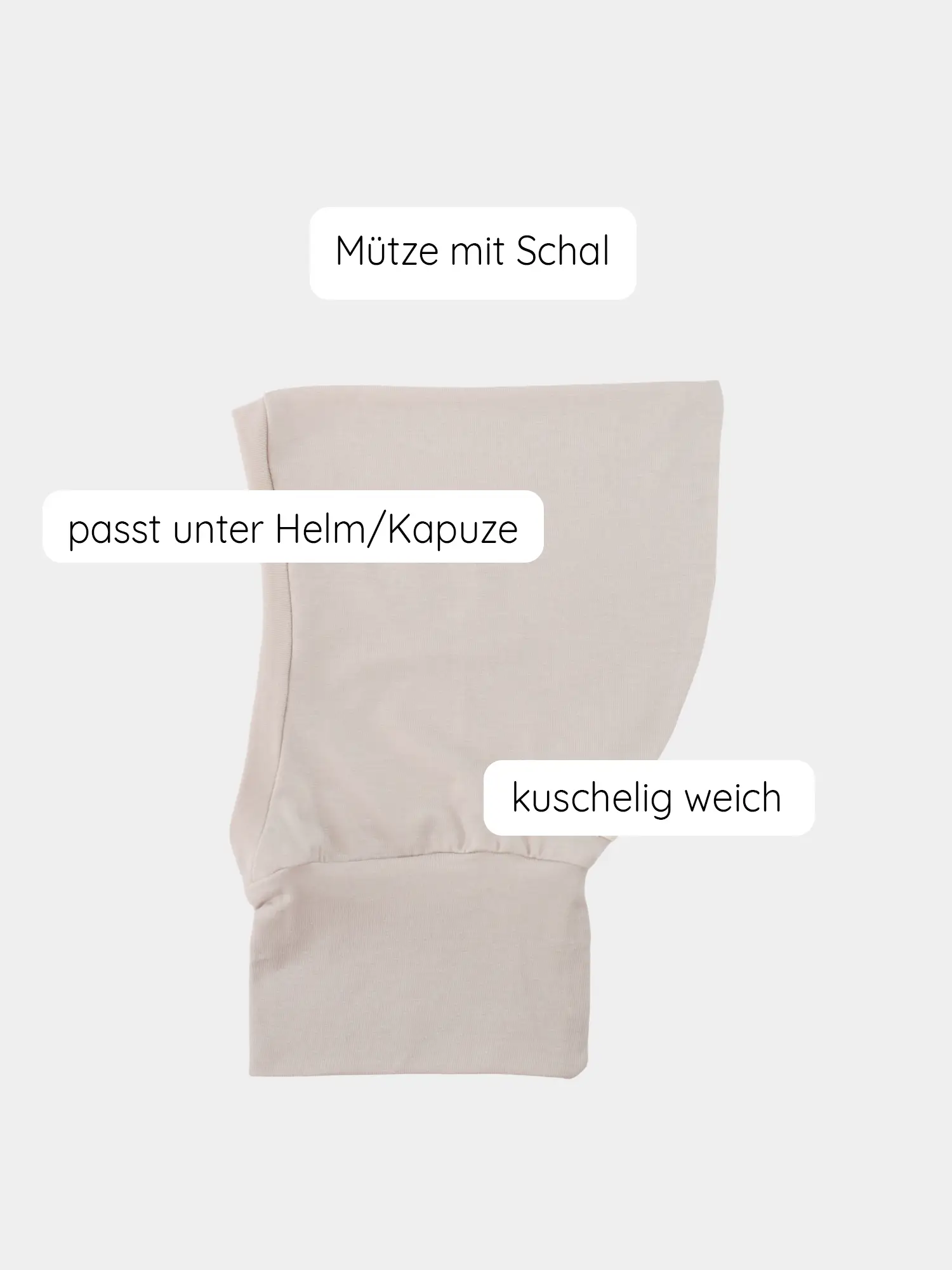 Schlupfmütze Kaschmir-Mix - Sand: Weiche, beige Kapuzenmütze mit integriertem Schal, elastisch und anschmiegsam, ideal unter Helmen oder Jacken, bietet zuverlässigen Schutz an kalten Tagen.