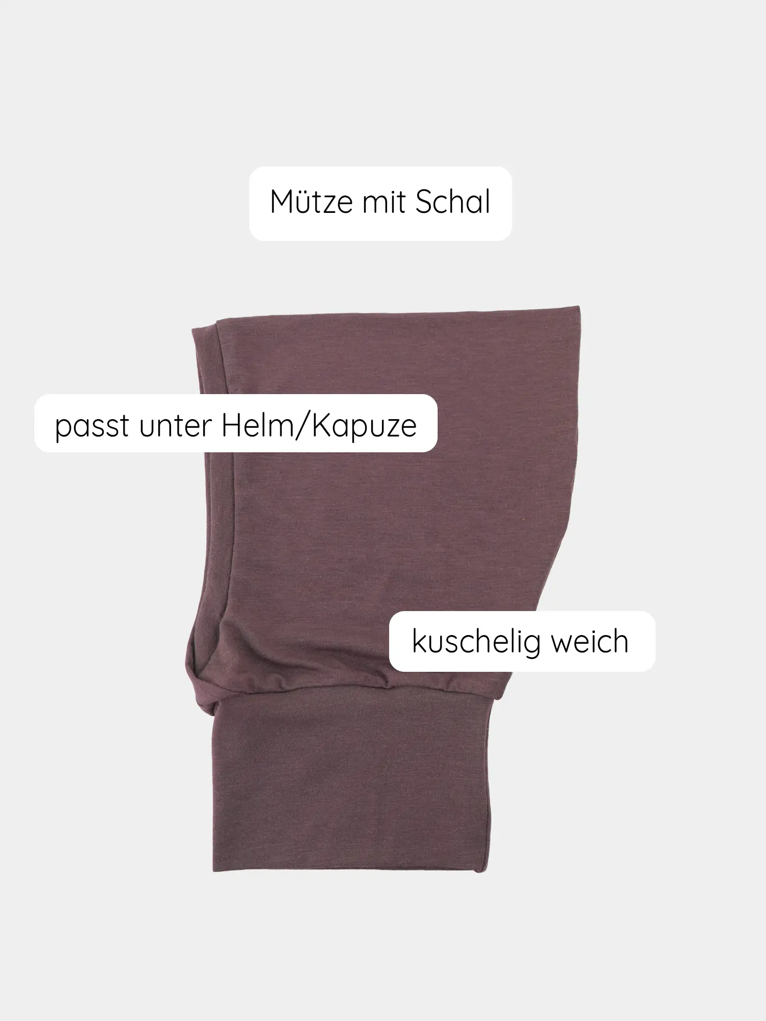 Schlupfmütze Kaschmir-Mix - Malve: Dunkelbraunes, röhrenförmiges Strickstück, fungiert als Mütze mit integriertem Schal, weich und passt unter Helm oder Kapuze. Ideal für kalte Tage.
