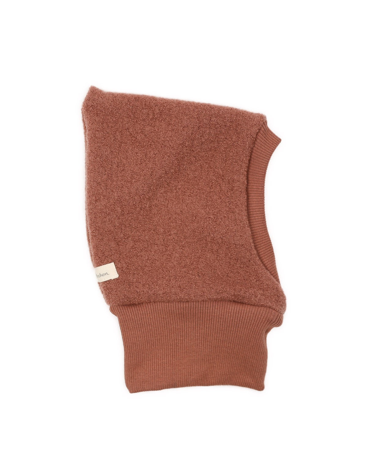 Schlupfmütze Wollwalk Zimt Gr. 0M: Rustfarbene, flauschige Balaklava mit Rippenbündchen am Hals und kleinem Stoffetikett an der Seite, ideal zum Wärmen von Kopf und Hals. Zustand: neu.