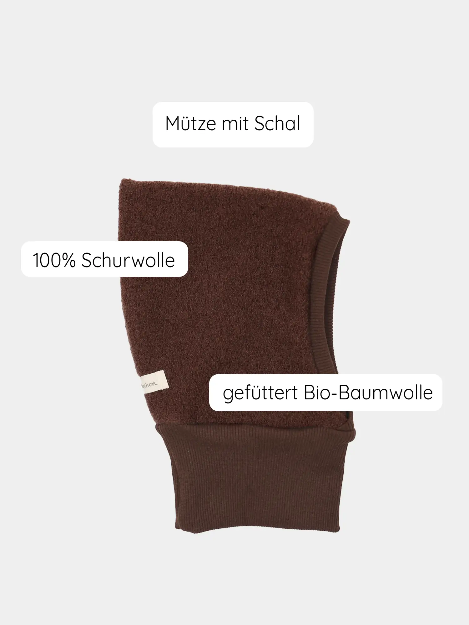 Schlupfmütze Wollwalk - Schoko: Braune, fleeceartige Mütze mit integriertem Schal aus 100 % Schurwolle, gefüttert mit Bio-Baumwolle. Schützt Kopf bis Hals, gefertigt in Berlin.