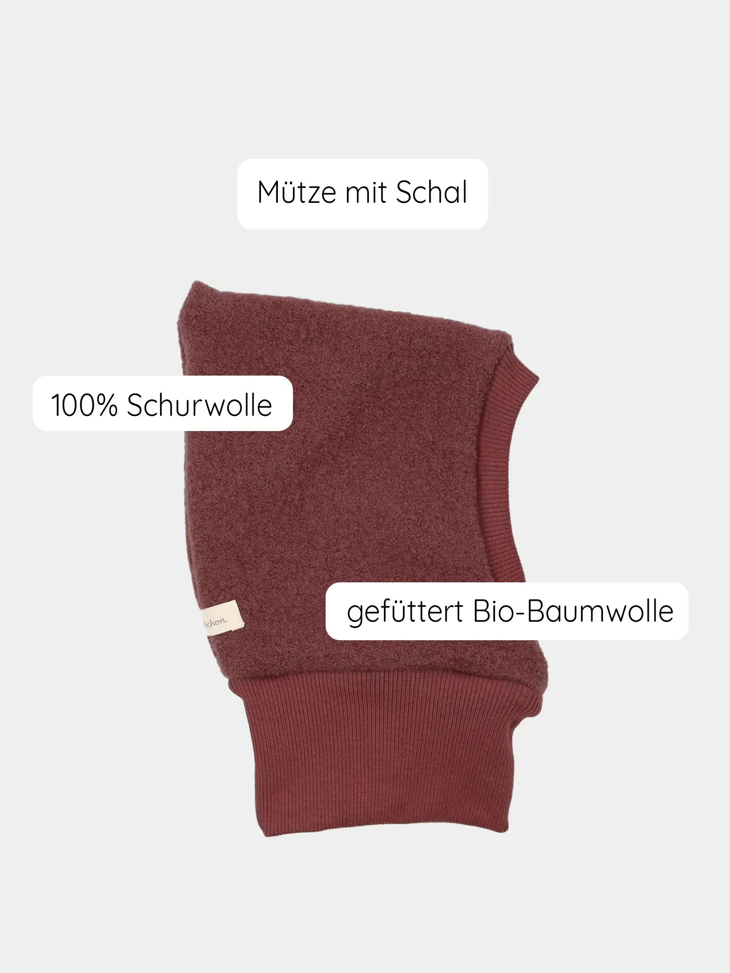 Schlupfmütze Wollwalk - Ziegel: Kinder-Balaclava mit integriertem Halswärmer, außen 100% Schurwolle, innen Bio-Baumwolle gefüttert, bietet passgenauen Schutz vor Kälte, atmungsaktiv und feuchtigkeitsregulierend.