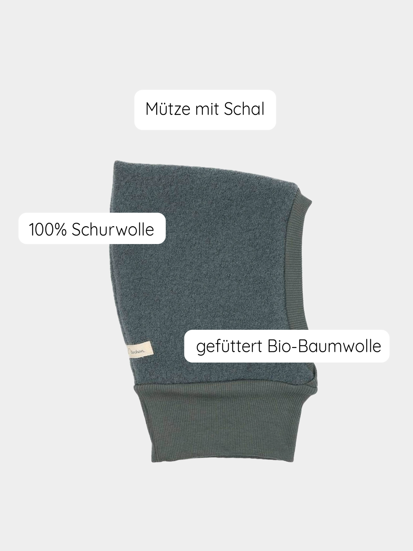 Schlupfmütze Wollwalk - Taube: Eine winterliche Mütze mit integriertem Schal, aus 100 % Schurwolle, gefüttert mit Bio-Baumwolle. Perfekt umschließend, ideal für kalte Tage, handgemacht in Berlin. 