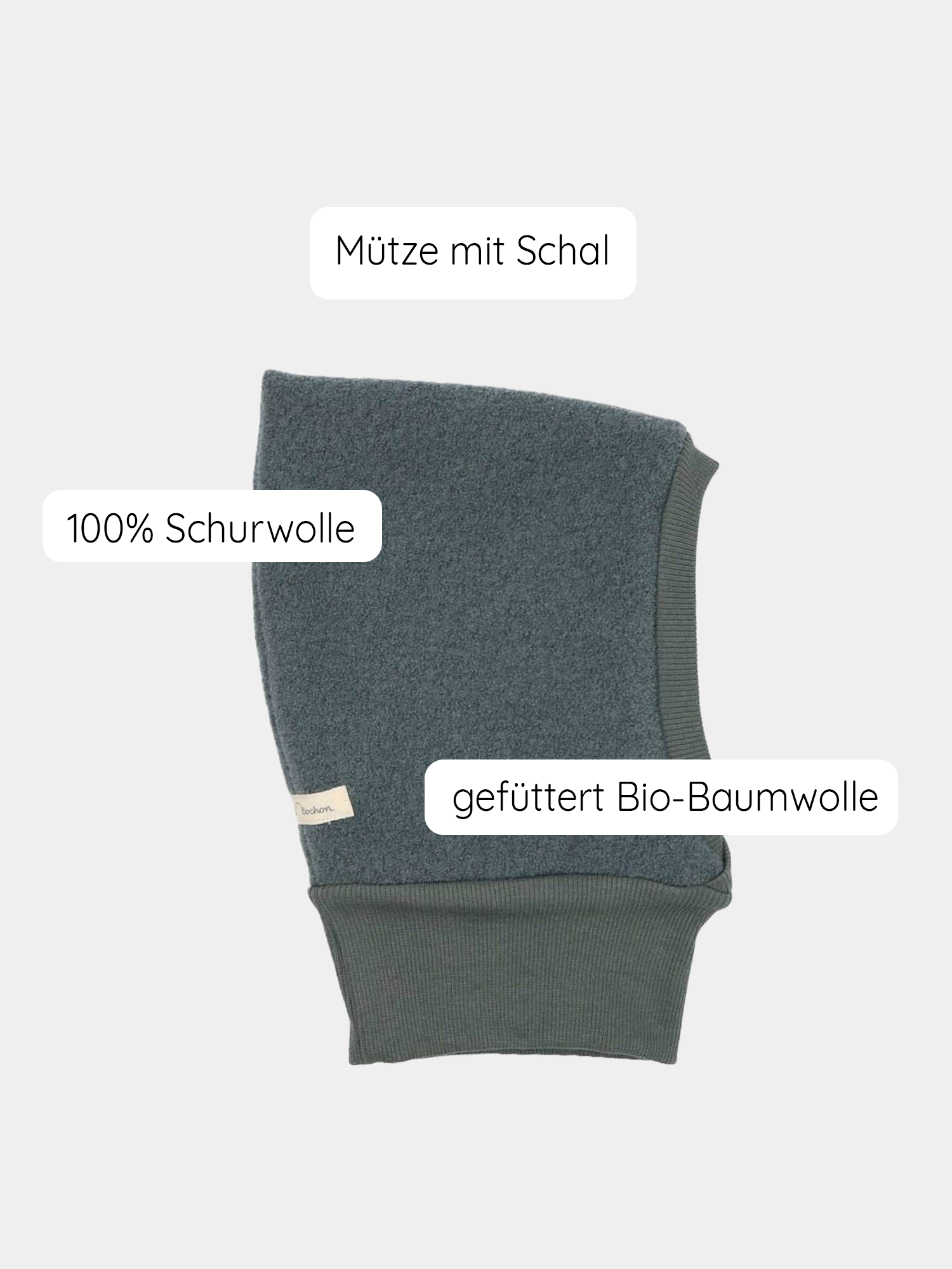 Schlupfmütze Wollwalk - Taube: Eine winterliche Mütze mit integriertem Schal, aus 100 % Schurwolle, gefüttert mit Bio-Baumwolle. Perfekt umschließend, ideal für kalte Tage, handgemacht in Berlin. 