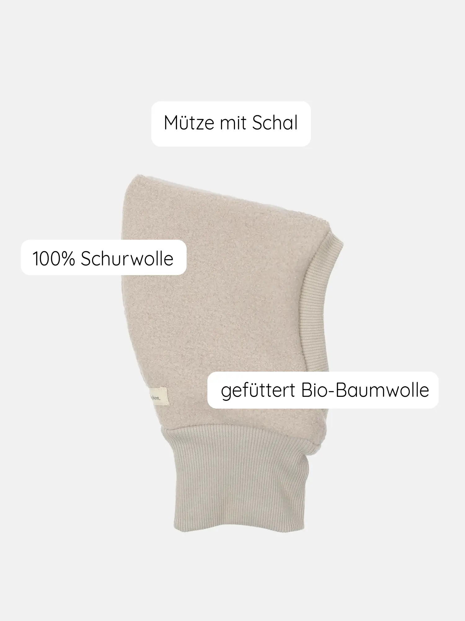 Schlupfmütze Wollwalk - Sand: Kinder-Balaclava in Beige aus 100% Schurwolle, kombiniert Mütze und Schal. Innenfutter aus Bio-Baumwolle, handgefertigt in Berlin, bietet optimalen Schutz vor Wind und Kälte.