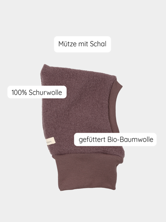 Schlupfmütze Wollwalk - Malve, kombiniert Mütze und Schal, Schalmütze aus elastischem Wollwalk, schützt Kopf und Hals vor Kälte. Kindermütze für den Herbst und Winter
