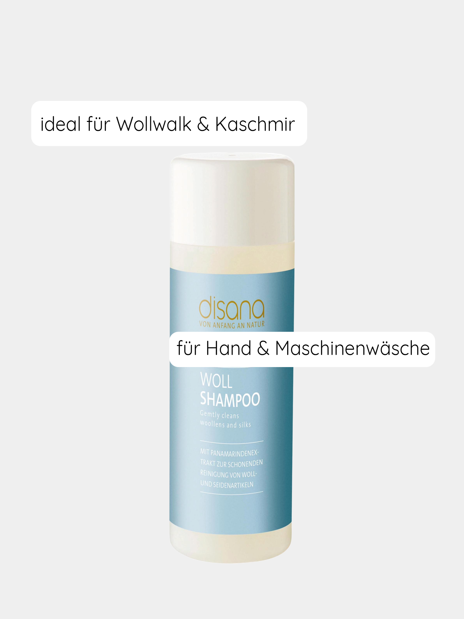 Anwendungshinweise für Wollshampoo: Empfehlung zur Handwäsche von Wollartikeln mit 5 ml Shampoo auf 4 Liter kaltem Wasser.