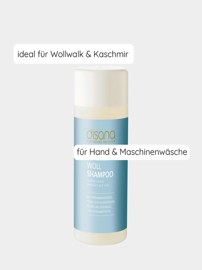 Anwendungshinweise für Wollshampoo: Empfehlung zur Handwäsche von Wollartikeln mit 5 ml Shampoo auf 4 Liter kaltem Wasser.