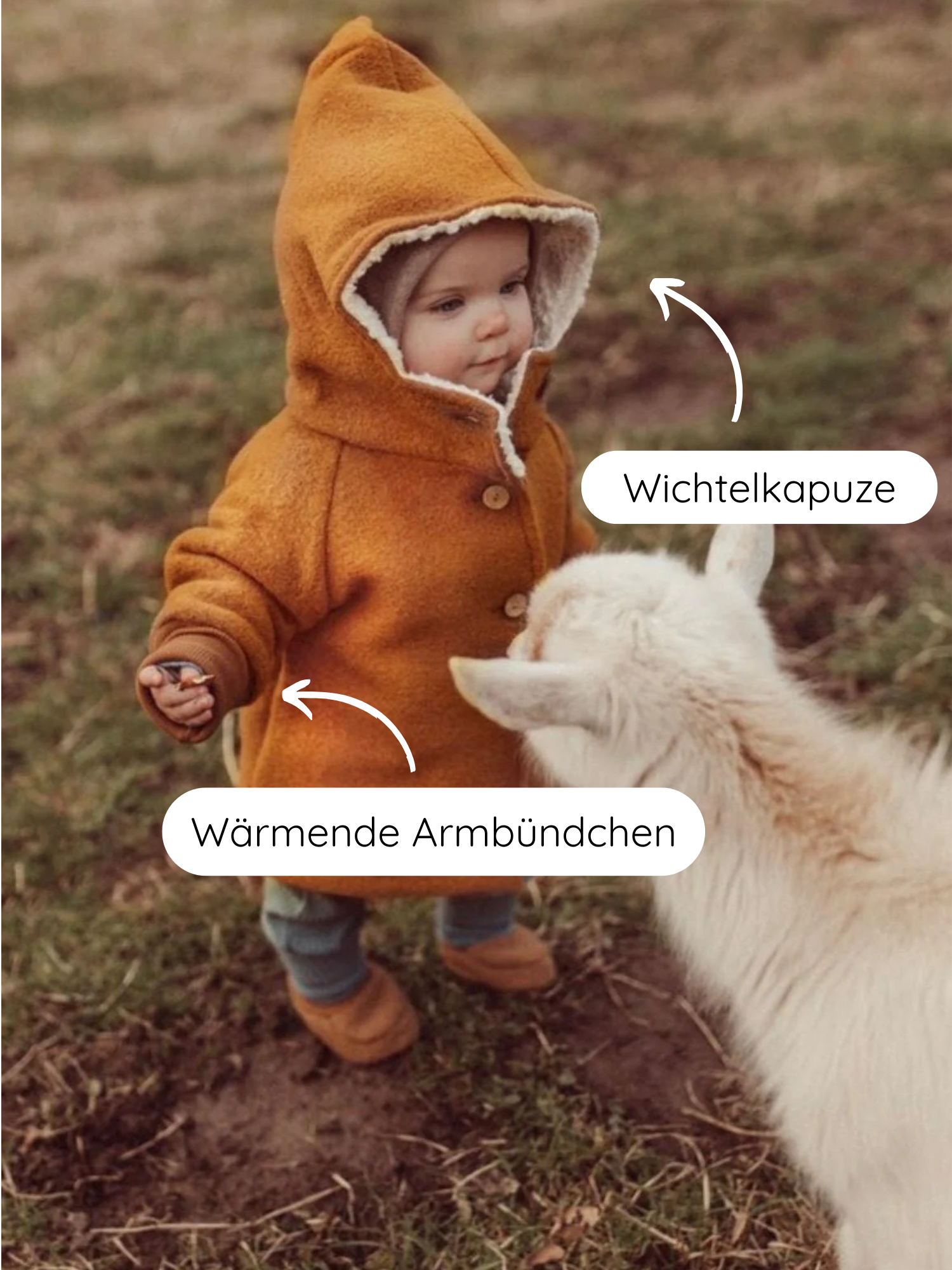 Ein Kind trägt die Winter Wichteljacke Wollwalk mit Teddyfutter - Honig, mit spitzer Kapuze und fleecegefütterten Bündchen, während es draußen einem neugierigen weißen Ziegenkind begegnet.