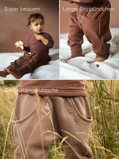 petit cochon Knickerbocker Bio-Sweathose in Schoko mit Kängurutasche, elastischen Bündchen und Kokosknöpfen