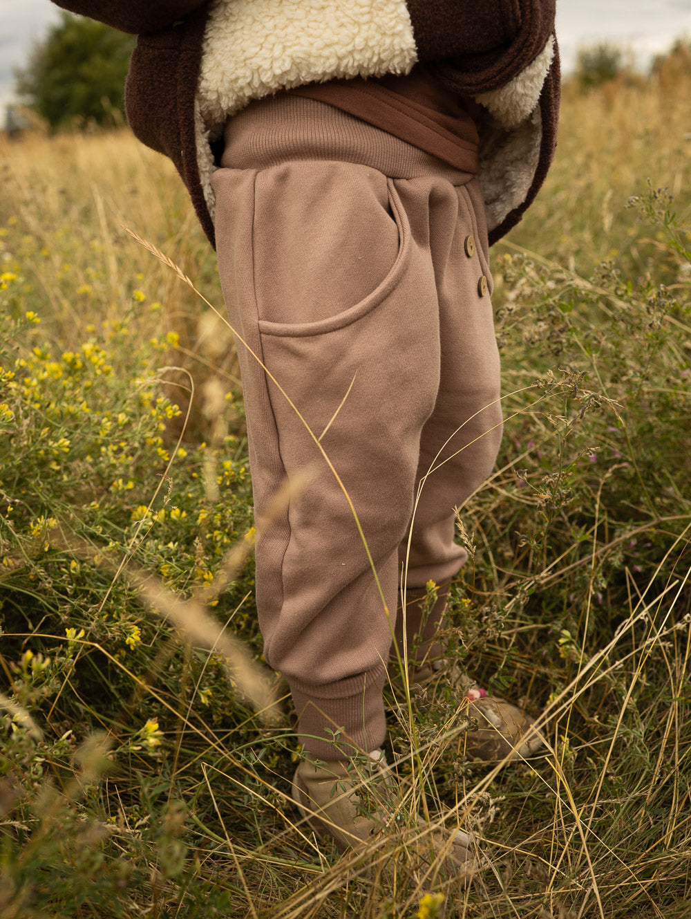 petit cochon Knickerbocker Hose aus schokobraunem Bio-Sweat mit elastischen Bündchen und Kokosknöpfen auf einer Wiese