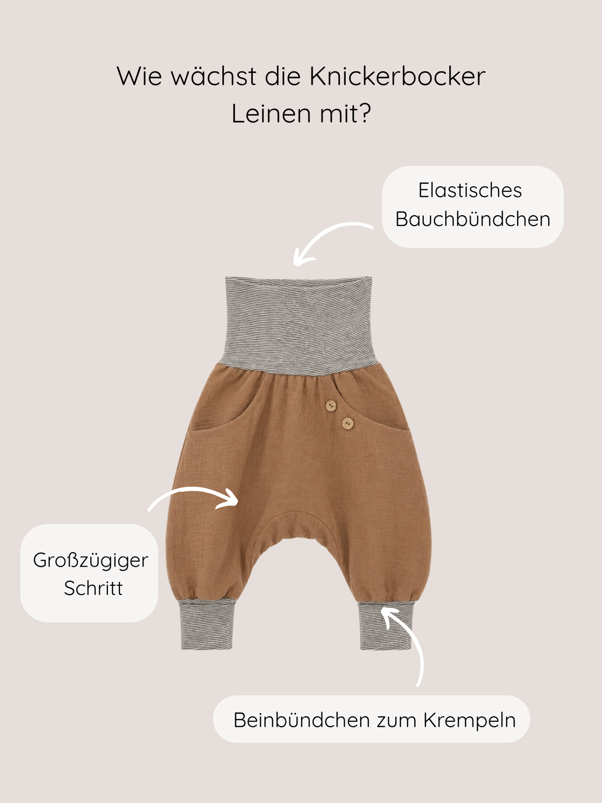petit cochon Knickerbocker aus braunem Leinen mit elastischem Bauch- und Beinbündchen sowie dekorativen Holzknöpfen