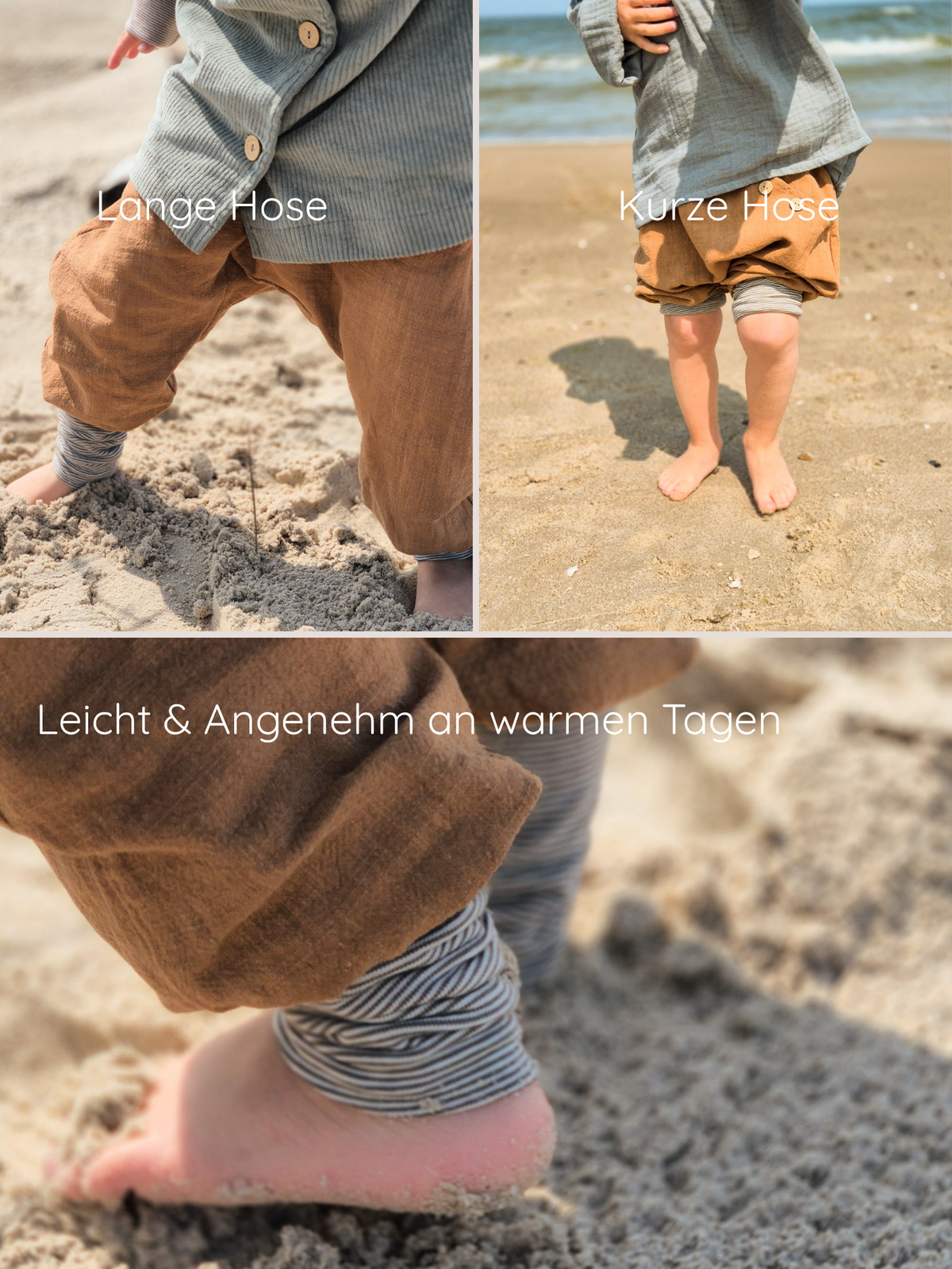petit cochon Knickerbocker aus braunem Leinen für Kinder, tragbar als lange oder kurze Hose am Strand