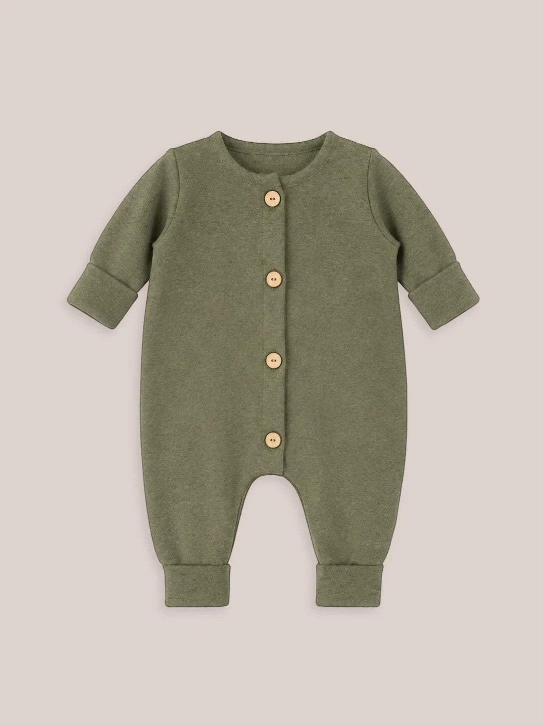 petit cochon Mini Overall aus olivgrünem, meliertem Feinstrick-Jersey mit Holzknöpfen für Babys