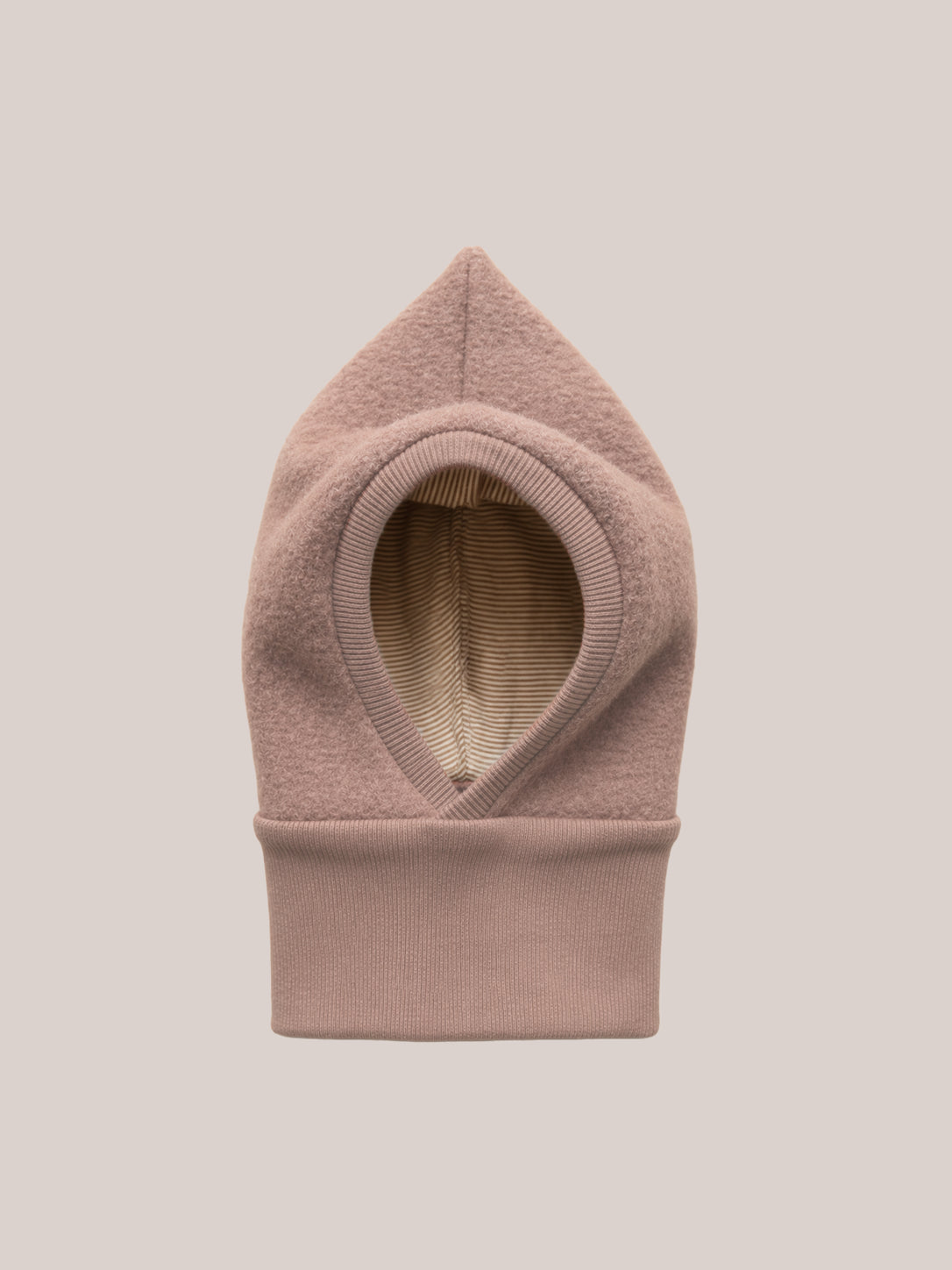 petit cochon Schlupfmütze aus altrosa Wollwalk mit gestreiftem Bio-Jersey-Innenfutter für Kinder