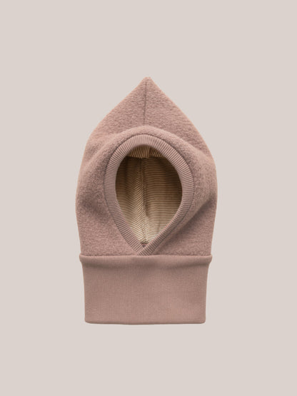 petit cochon Schlupfmütze aus altrosa Wollwalk mit gestreiftem Bio-Jersey-Innenfutter für Kinder