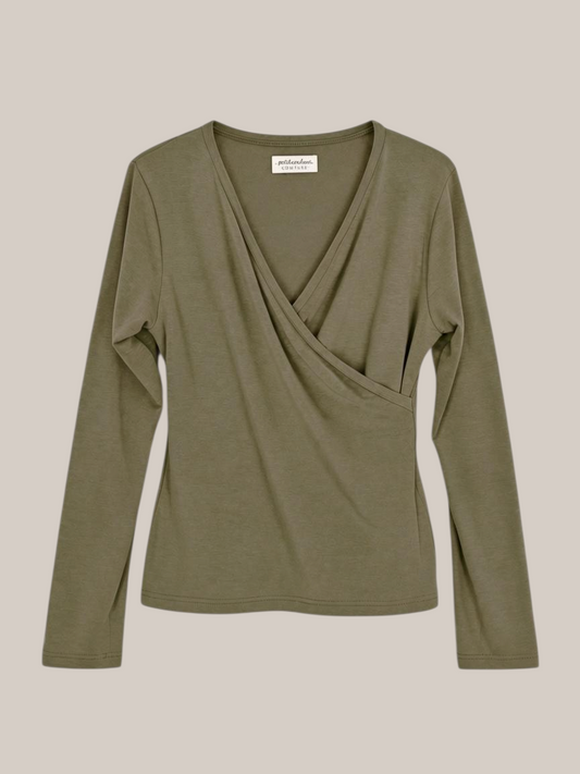 petit cochon Wickelshirt für Damen in Olivgrün aus weichem Kaschmir-Modal-Mix mit V-Ausschnitt