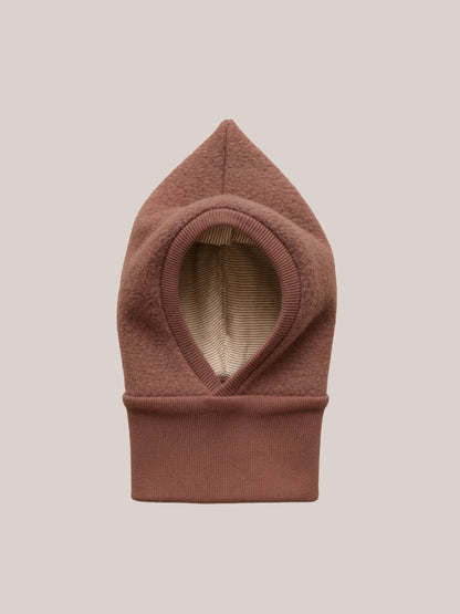 petit cochon Schlupfmütze aus braunem Wollwalk mit gestreiftem Bio-Jersey Innenfutter für Kinder