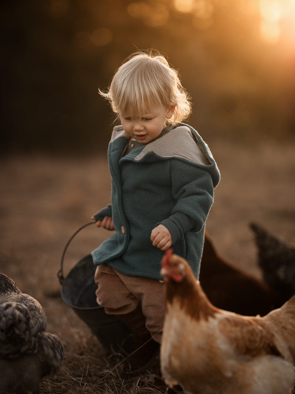 Kind in petit cochon Wollwalk-Wichteljacke in Petrol mit Bio-Jersey-Futter beim Füttern von Hühnern im Sonnenlicht