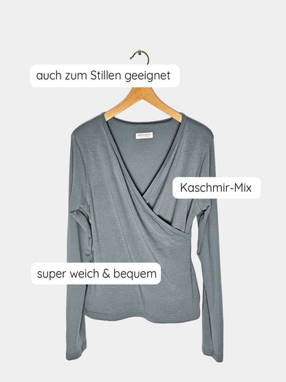 Women’s long-sleeve cashmere-blend shirt in taupe, elegant wrap shirt made from a cashmere-modal blend, ideal for nursing mothers, soft and breathable, perfect for everyday wear and special occasions.