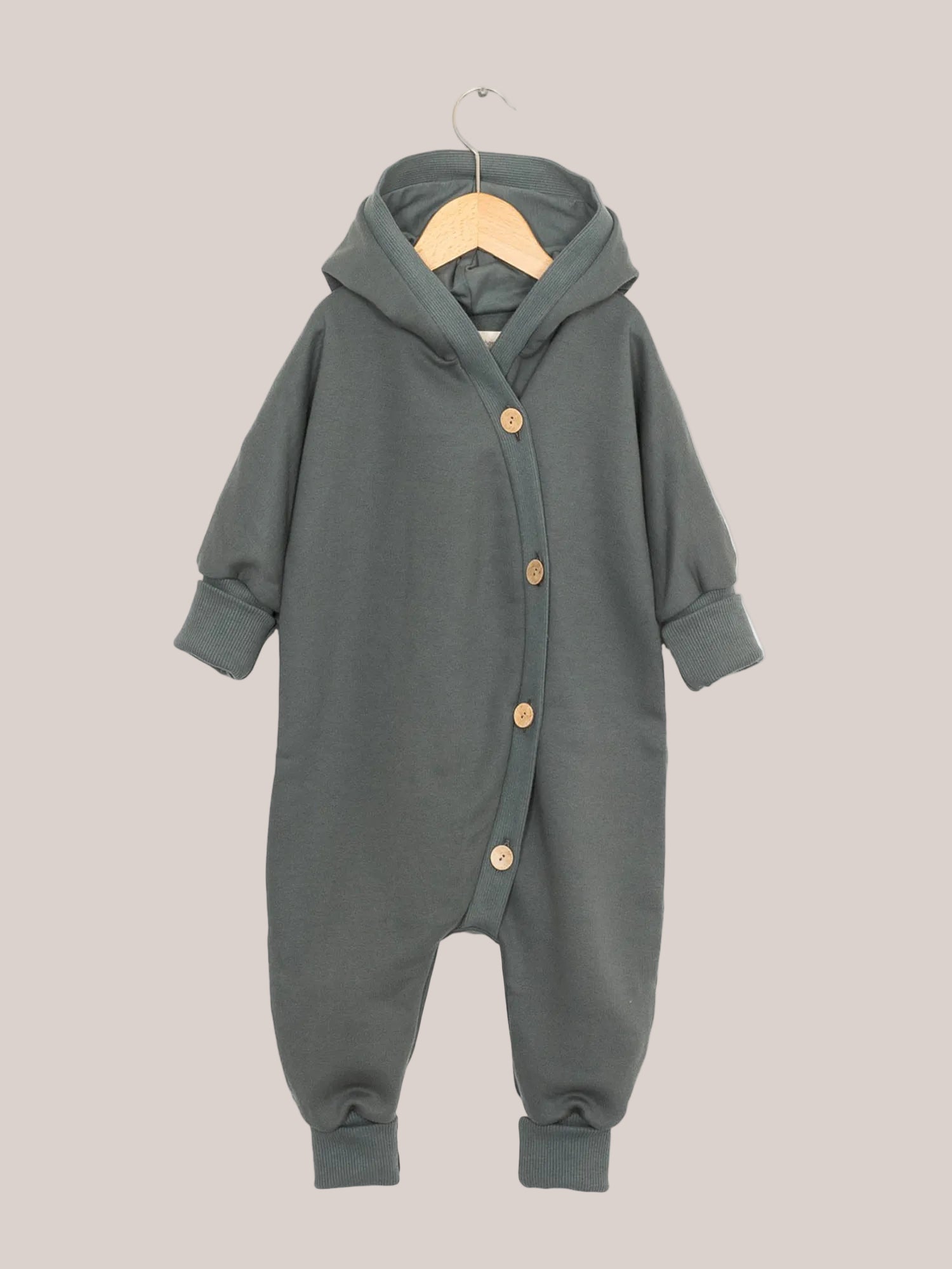 Organic Fleece Romper – Dove: Gray baby hooded romper made from soft organic cotton fleece, ideal for indoors and outdoors, with fold-up cuffs that allow room to grow.
