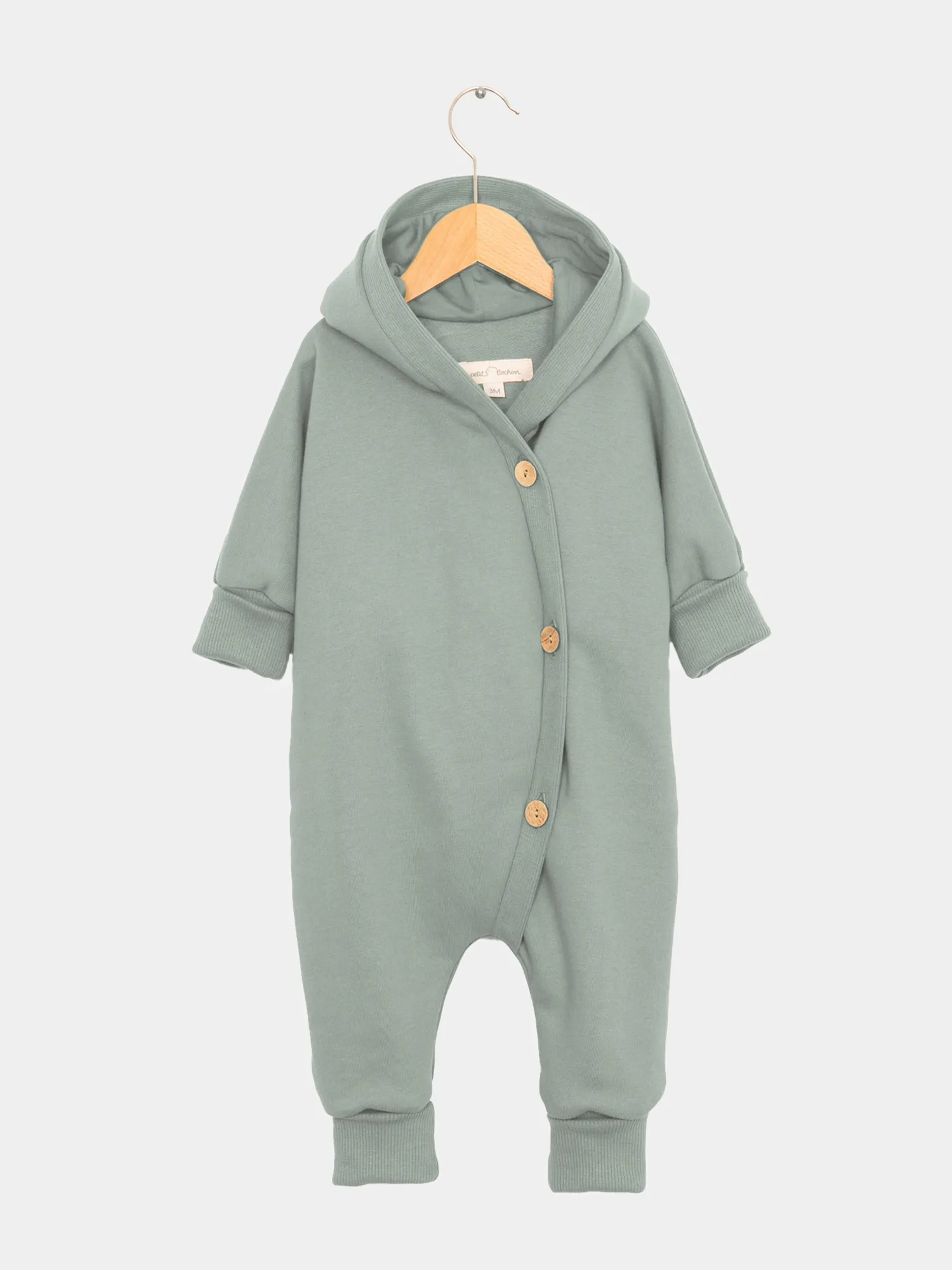 Kuschelanzug Bio-Sweat - Aqua: Grüner Baby-Kuschelanzug mit Wichtelkapuze und weißen Knöpfen. Hergestellt aus weichem Bio-Baumwoll-Sweat, ideal für verschiedene Wetterbedingungen.  Erstausstattung Baby und Baby Geschenk zur Geburt.